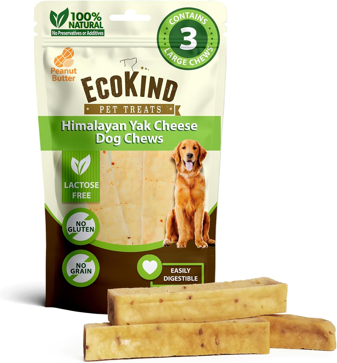EcoKind Yak Cheese Himalayan Dog Chews, Yak Chews for Large Dogs, 4-5 Bones | 1 Lb, Long Lasting for Aggressive Chewers, Only 3 Ingredient Natural High Protein Dental Dog Treats, No Additives or Lactose