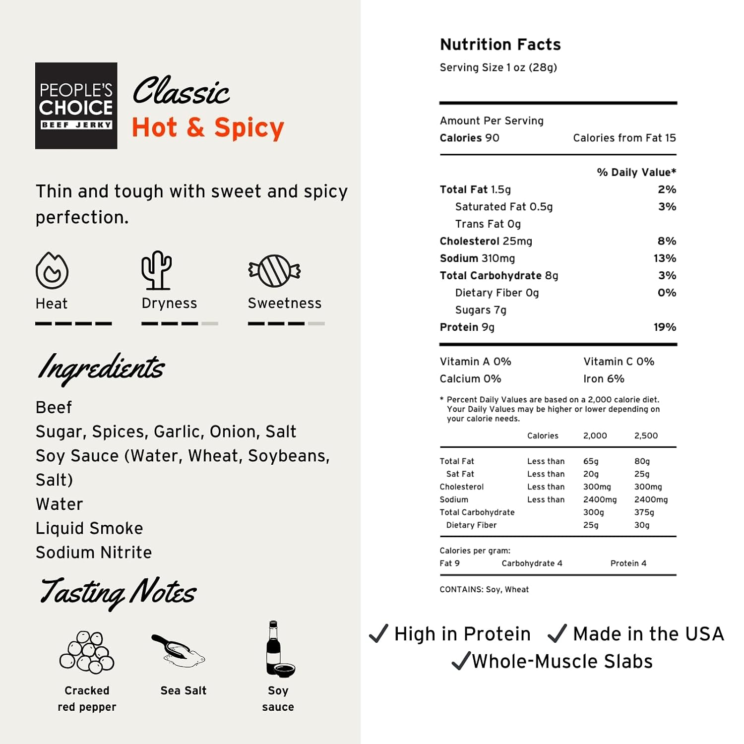 People's Choice Big Slab Beef Jerky - Whole Muscle - Hot & Spicy, 19.2 oz | Thin Sliced Slabs, 9 g Protein Per Serving, Low Sodium Recipe, 15 Count Pieces, Preservative Free, 365 Day Shelf Life
