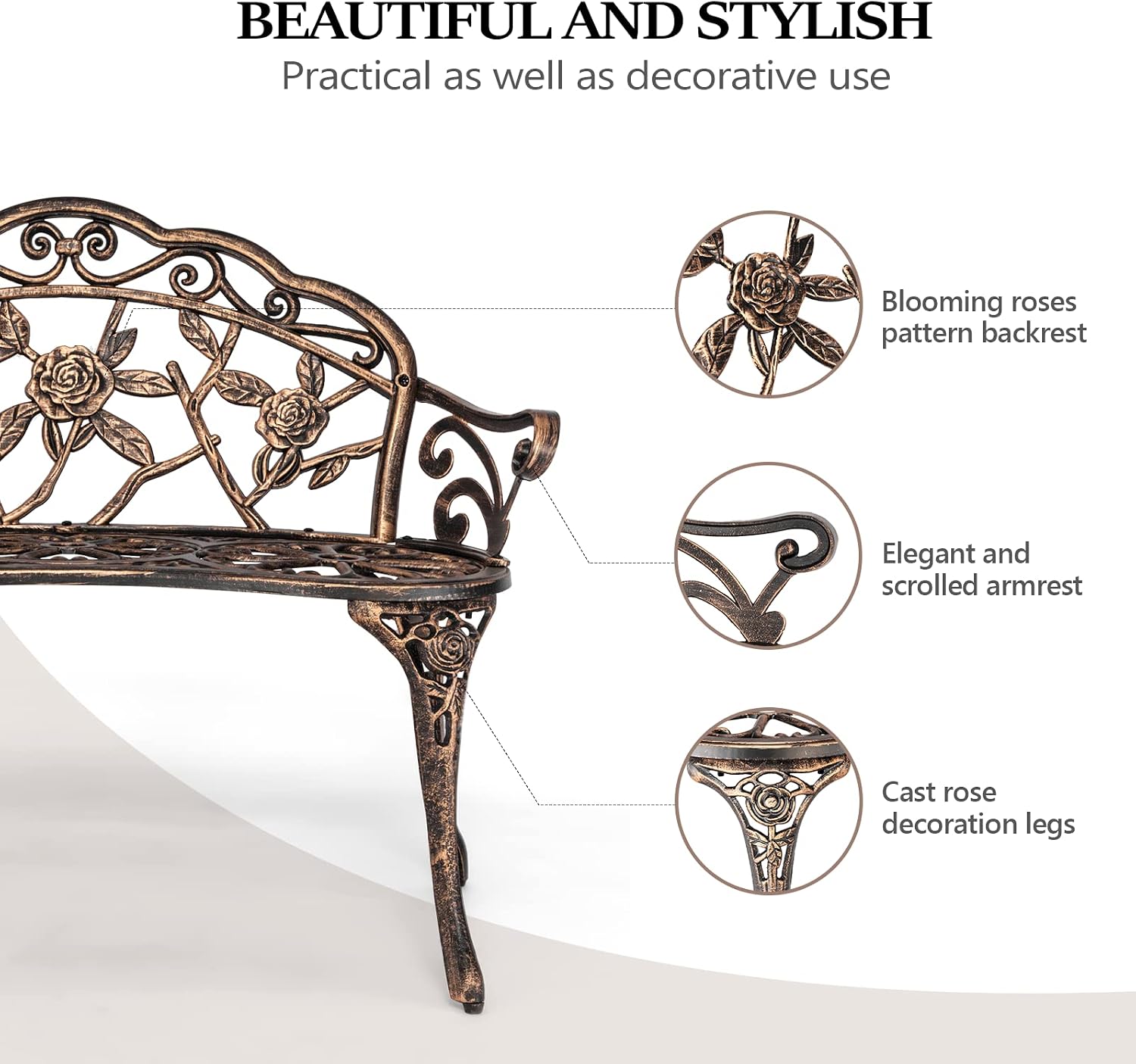 VINGLI 38.5" Patio Park Garden Outdoor Metal Rose Bench, 2-Person Cast Iron Cast Aluminium Frame Antique Finish Chair,Accented Lawn Front Porch Path Yard Decor Deck Furniture (Bronze, Rose)