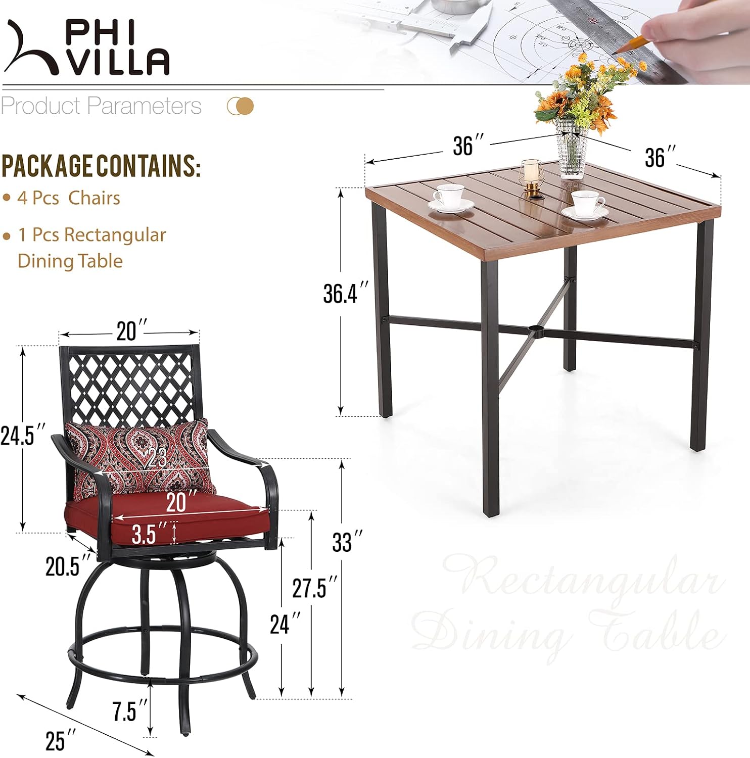 PHI VILLA Outdoor Bar Set 3 PCS Patio Bistro Table & Swivel Stools