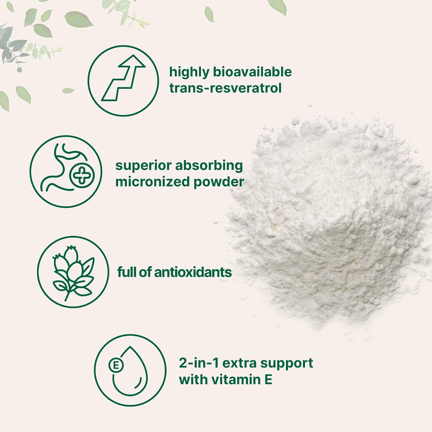 Pure Trans-Resveratrol Powder with Vitamin E, 5 Ounce, 2 in 1 Formula, Micronized Powder for Better Absorption, Premium Resveratrol Supplement