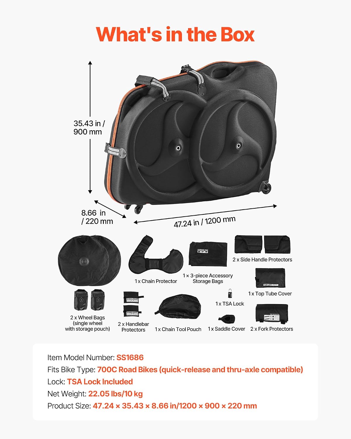 VEVOR Bike Travel Bag, Road Bike Bag Road Bicycle Storage Carry with TSA Lock & Dual Zipper for Air Travel, Outdoor Use, Airplane, Car, Train, Subway Transport