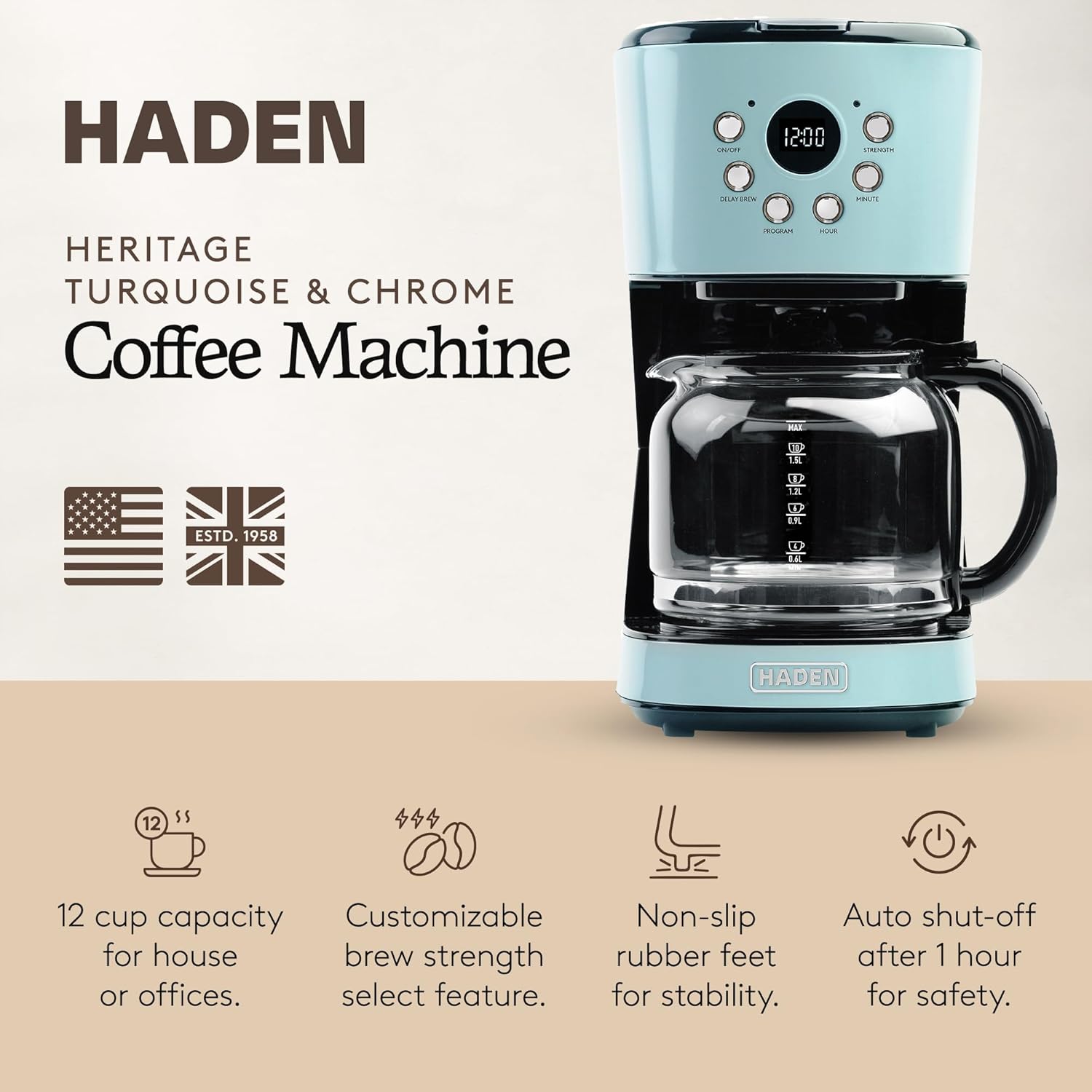 HADEN 12-Cup Programmable Coffee Maker for Home or Office, Putty & Chrome – Drip Brewer Machine with Brew Strength, Delay Brewing