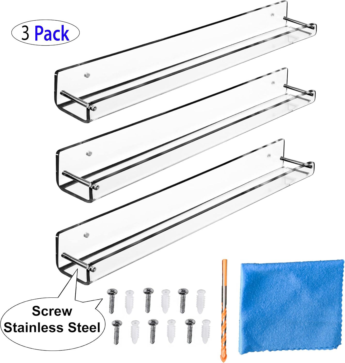 AMT 2 Pack Acrylic Floating Shelves, 15" L x 4" W, Clear Bathroom Wall, Bookshelves, Invisible Display for Office, Bedroom