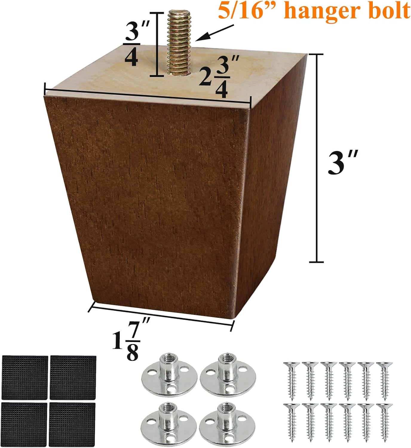 Sofa Legs Square Bed Feet 2 inch Wood Replacement Leg for Furniture Set of 4, Dark Brown