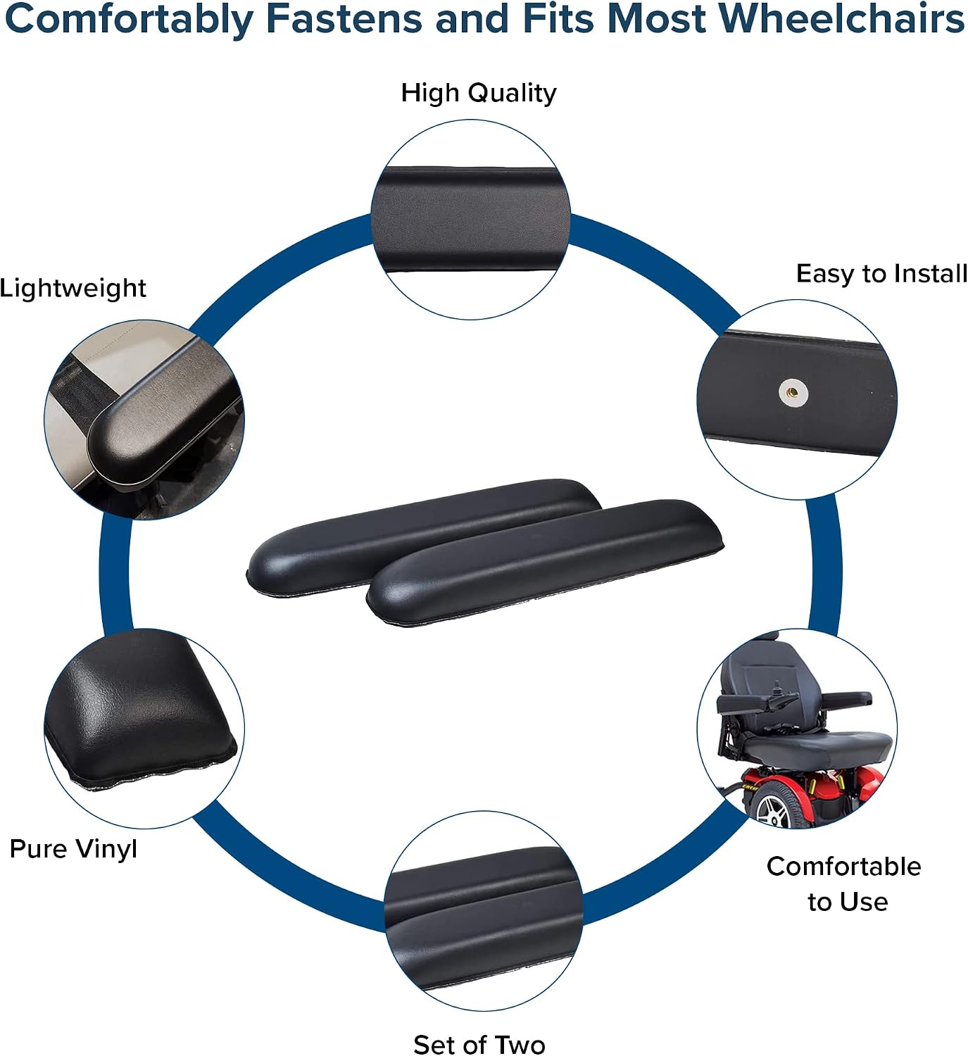 14" Black Vinyl Co-Molded Full Length Armrest Pads for Jazzy Power Chairs (Set of 2)