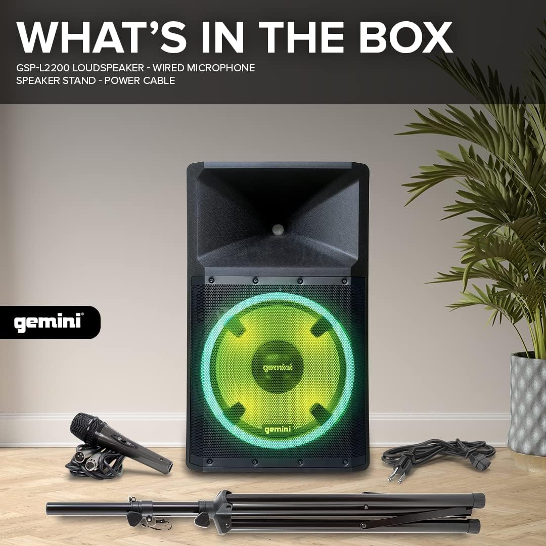 Gemini 15" Bluetooth PA Speaker, 1800 Watts, 3-Ch Mixer (GSP-2200)