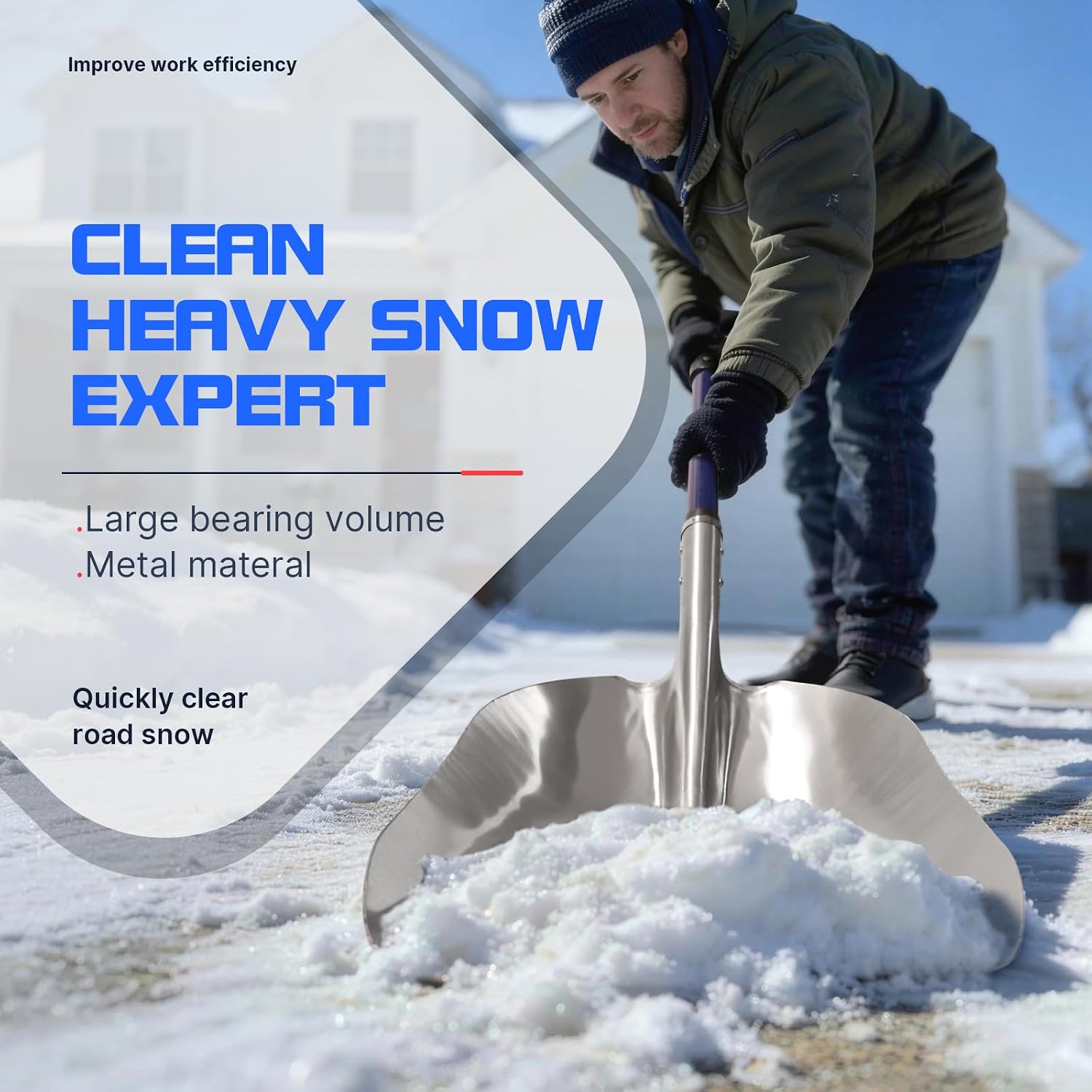 KOLEIYA Aluminum Snow Shovel Heavy Duty, 45-Inch Large Capacity Metal Scoop for Driveway, 3.7lbs Lightweight with Fiberglass D-Handle, Blue