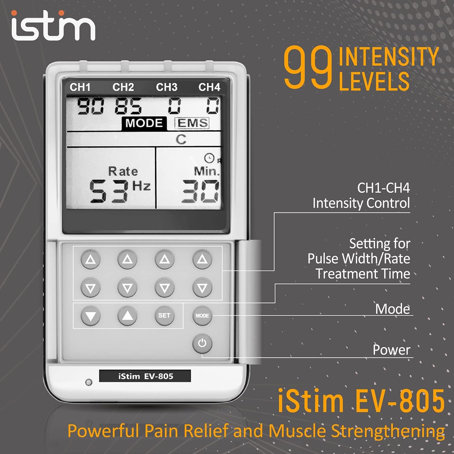 iSTIM EV-805 TENS EMS 4 Channel Rechargeable Combo Machine Unit - Muscle Stimulator + Back Pain Relief and Management- 24 Programs/Backlit