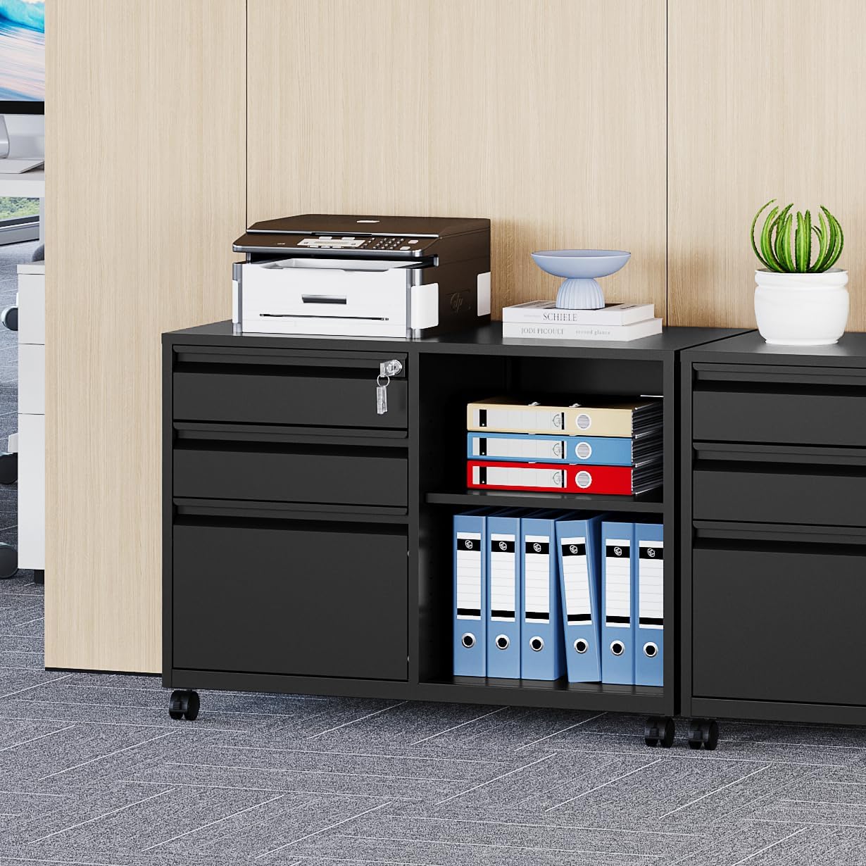 MIIIKO 3 Drawer File Cabinet with Lock, Metal Lateral Rolling Printer Stand Filing Cabinets for Home Office Storage,A4, Letter,File Folders(White)