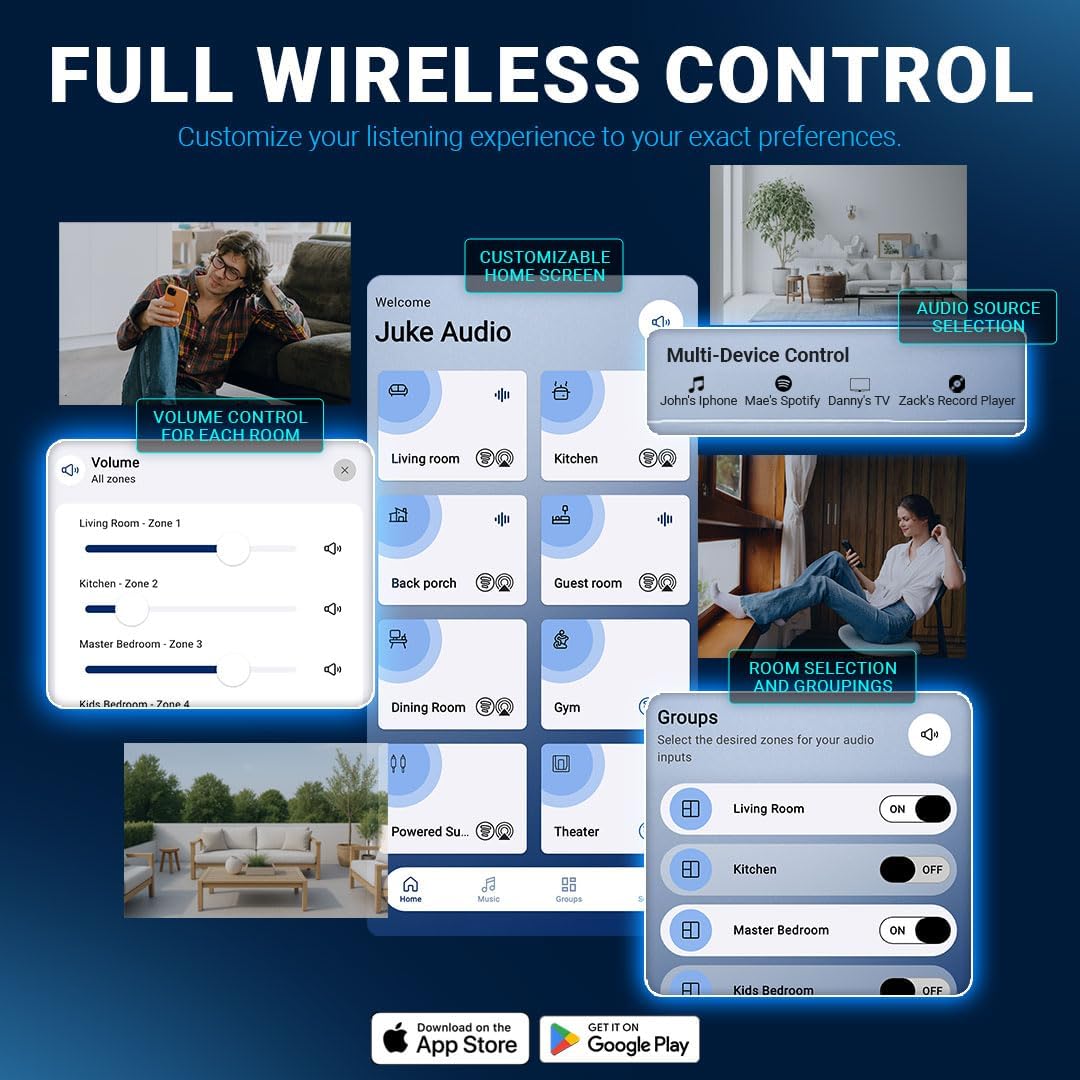 Juke-8: 8 Zone Multi-Room Amplifier | Built-in Music Streaming & Wireless App Control | Supports 8 Audio Sources Simultaneously | Whole Home Audio