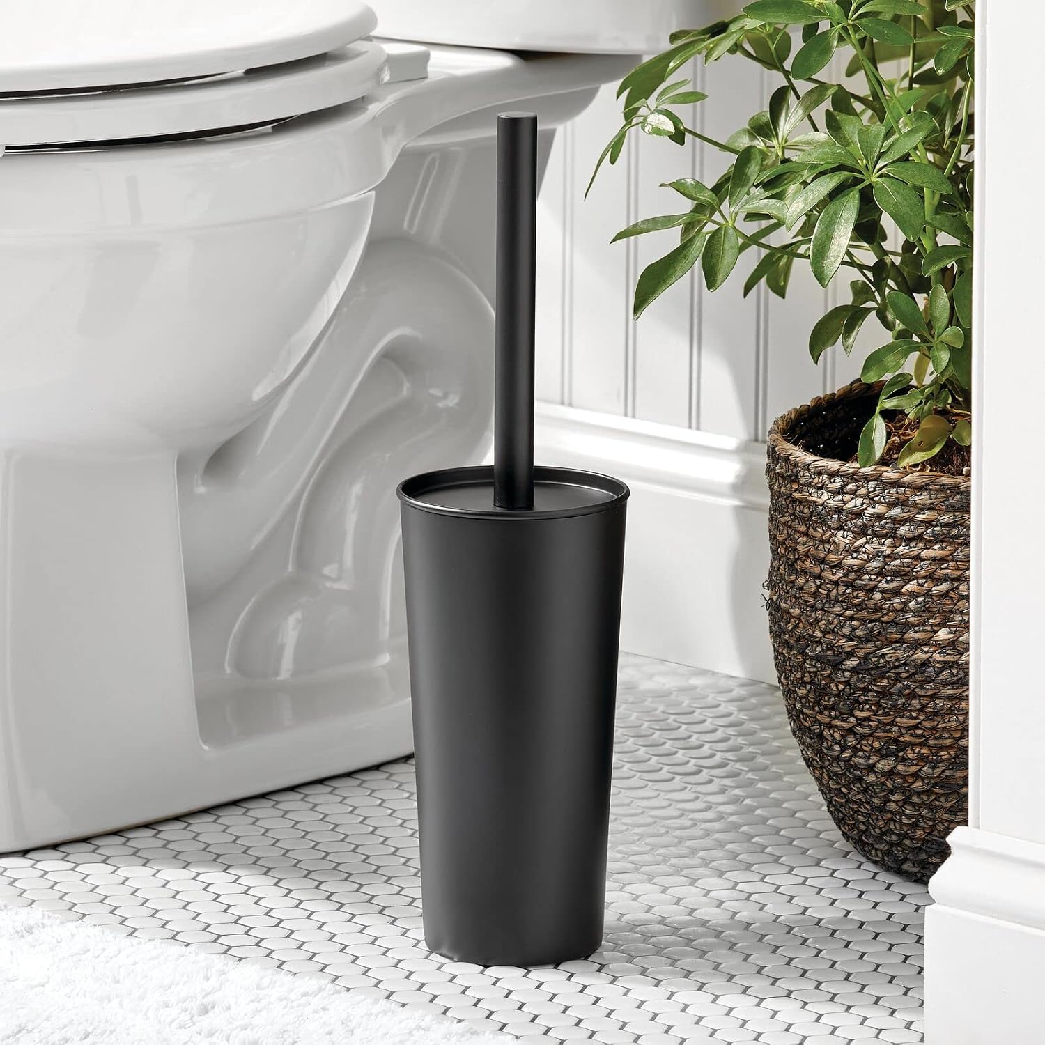 mDesign Metal Freestanding Slim Toilet Bowl Brush and Holder + Rectangle Narrow 5 Liter / 1.3 Gallon Step Pedal Trash Can Wastebasket for Bathroom