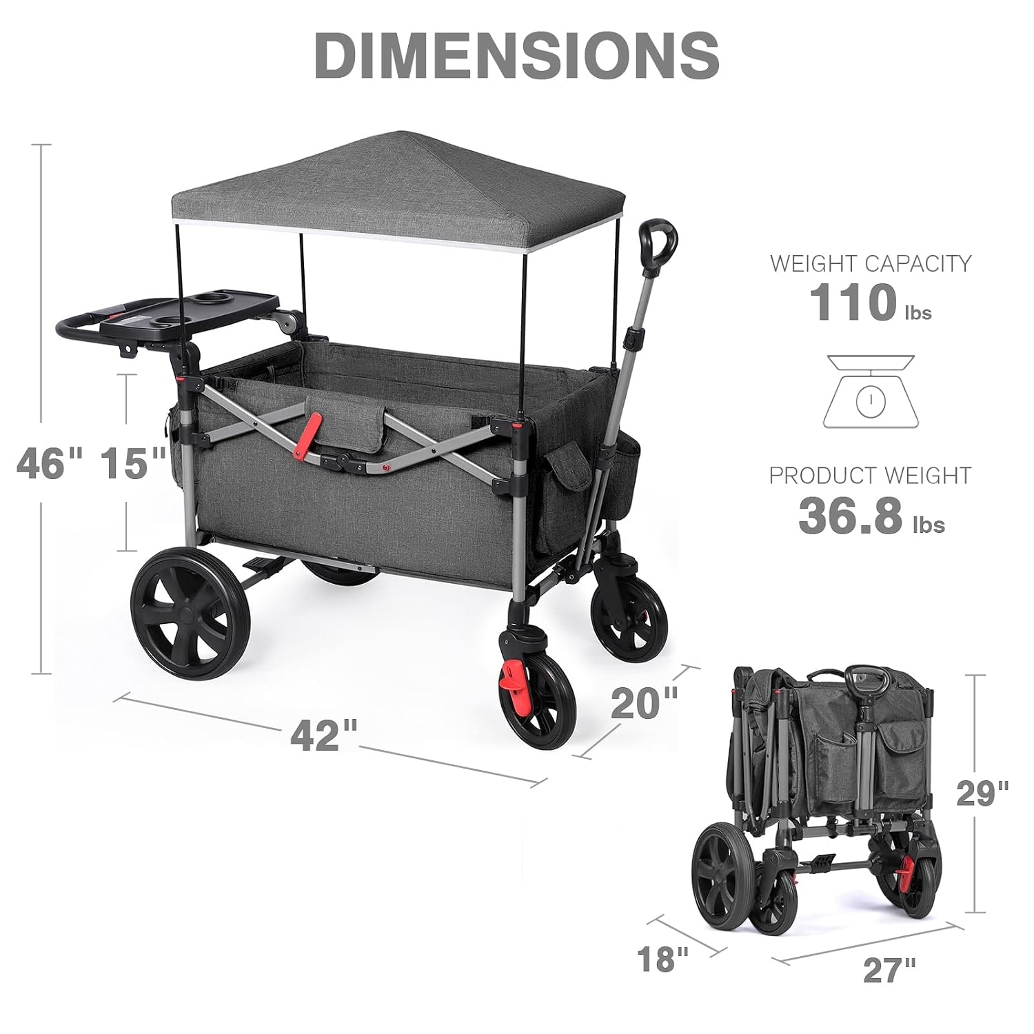 EVER ADVANCED Foldable Wagons for Two Kids & Cargo, Collapsible Folding Stroller with Adjustable Handle Bar,Removable Canopy with 5-Point Harness Gray