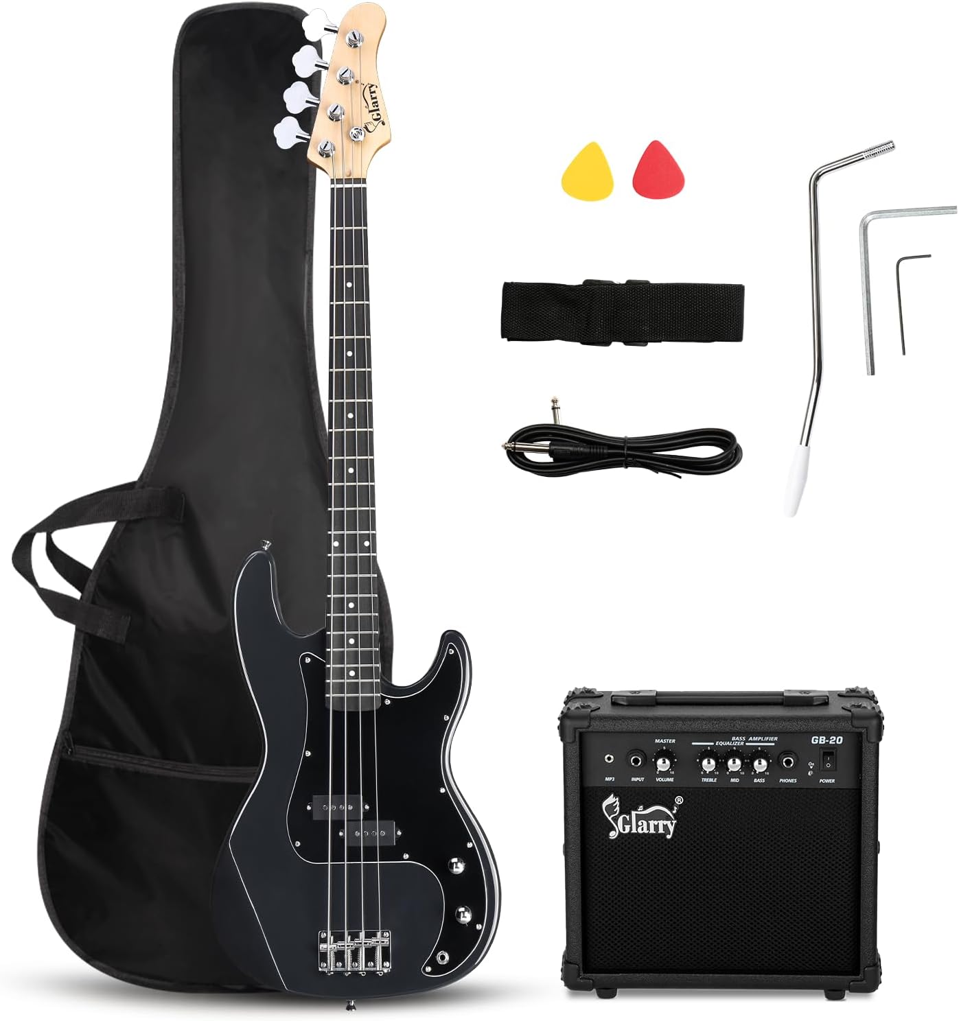GLARRY Full Size Electric Bass Guitar Beginner Kit 4 String Exquisite Basswood Bass with 20W AMP, Cable, Strap, Bag and Accessories (Transparent Blue, 39"Right Handed)