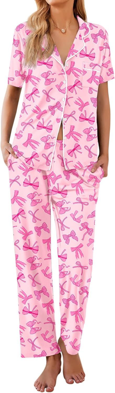 Ekouaer Womens Pajamas Set Short Sleeve Button Down Top & Pants Lounge Pjs