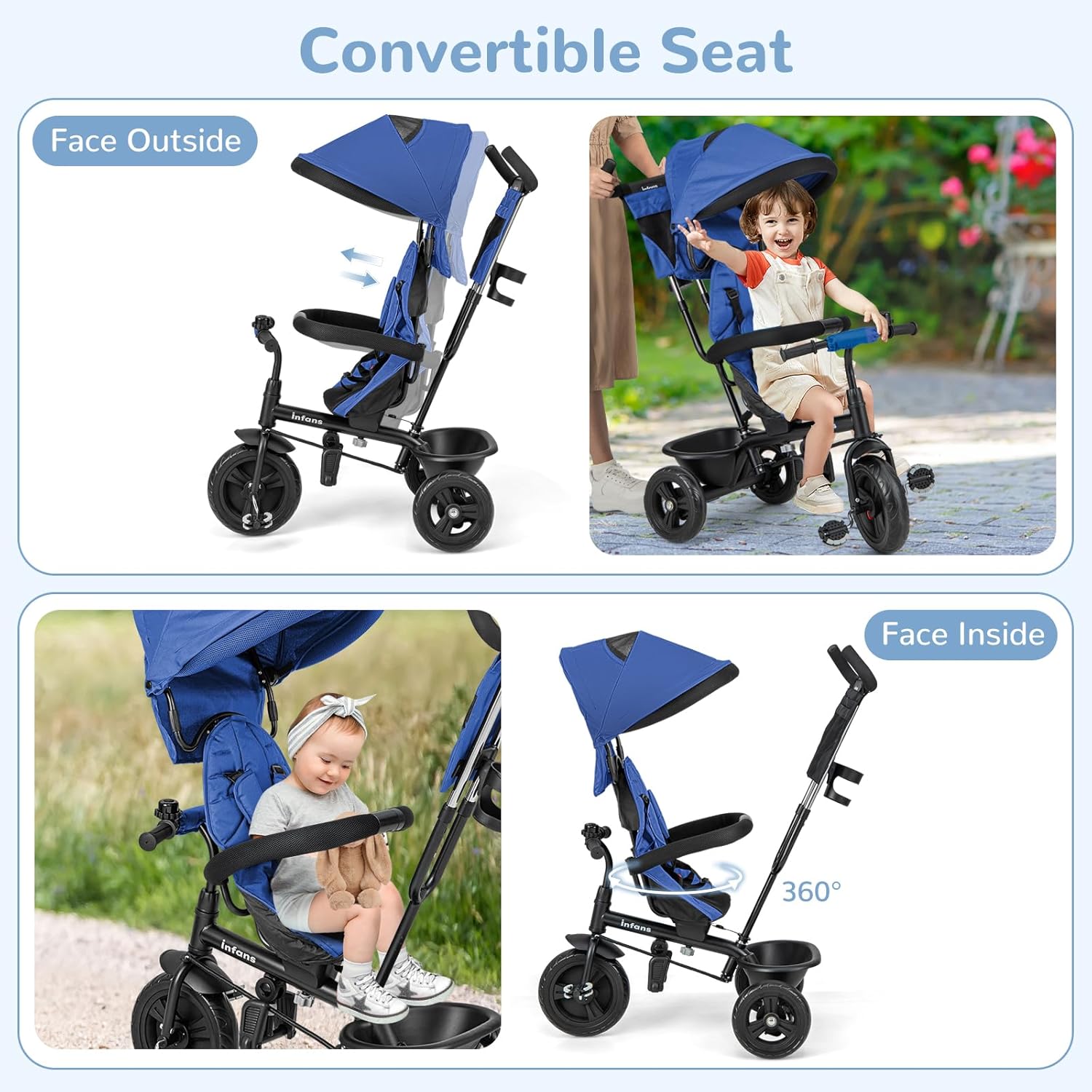 INFANS Kids Tricycle, 6 in 1 Stroll Trike with Adjustable Push Handle, Removable Canopy, Retractable Foot Plate, Lockable Pedal, Detachable Guardrail, Suitable for 10 Months to 5 Years (Blue)