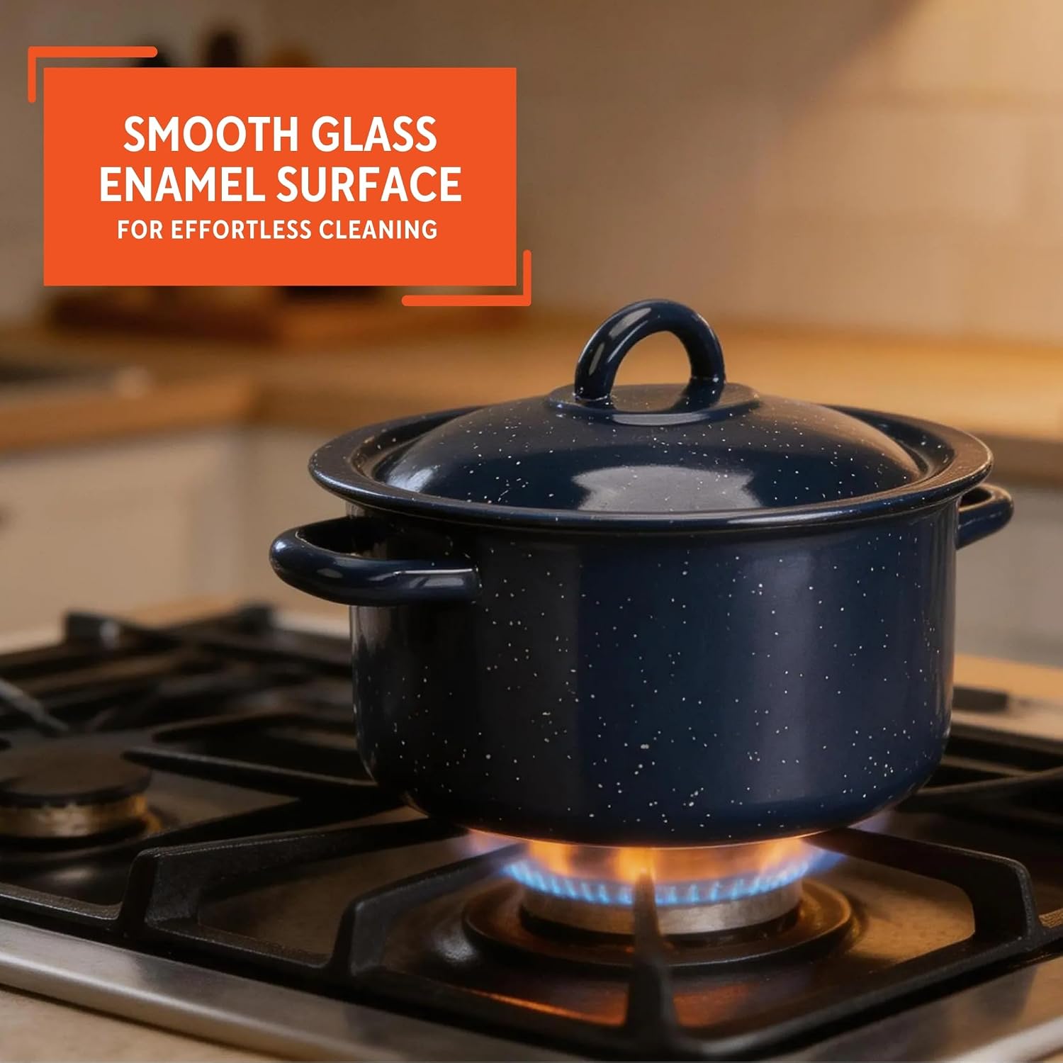 IMUSA USA C20666-1062810W Speckled Enamel Stock Pot with Lid, 4 Quart, Blue | Speckled Enamel Finish, Durable Steel Construction, Ideal for Soups and Stews, Great for Everyday Family Meals