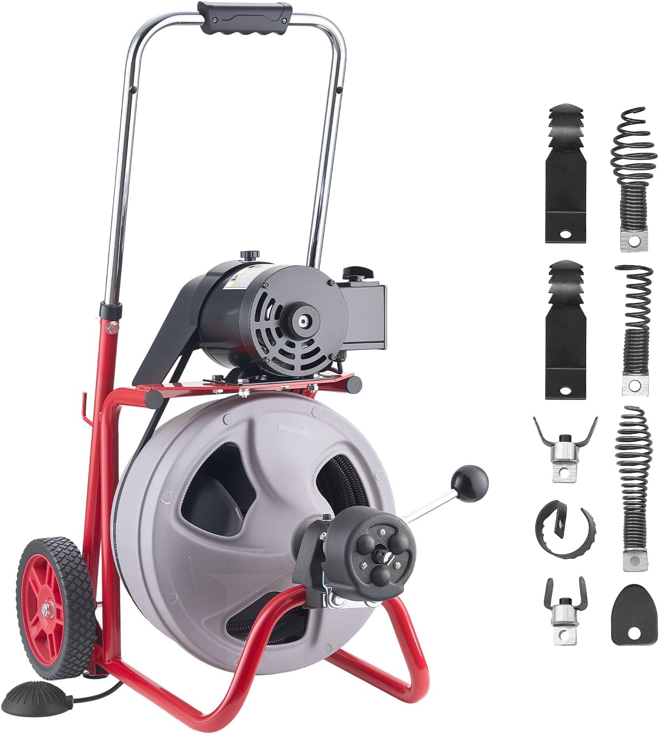 VEVOR Drain Cleaner Machine 100 FT x 1/2 Inch, Auto Feed Sewer Snake Drain Auger on Wheels, Portable Drain Cleaning Machine with 8 Cutters & Air-Activated Foot Switch for 2" to 6" Pipes