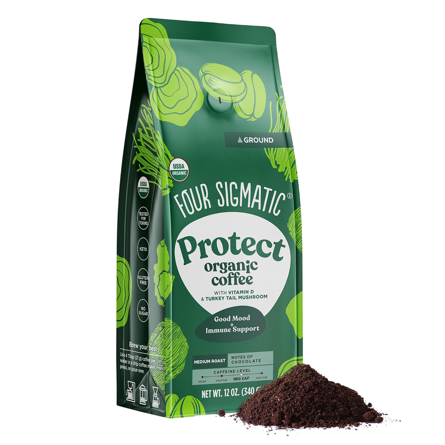 Four Sigmatic Organic Focus Mushroom Ground Coffee | Dark Roast, Organic Coffee with Lion's Mane & Chaga Mushroom for Mental Clarity & Energy Support | 12oz Bag