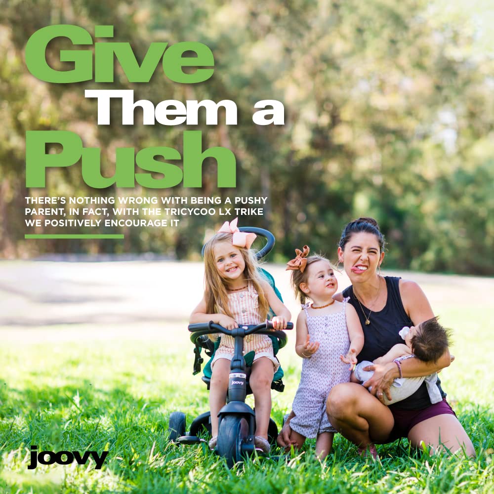 Joovy Tricycoo 4.1 Kids Tricycle with 4-Stages Featuring Extra-Wide Front Tire, Removable and Adjustable Parent Handle, Safety Harness