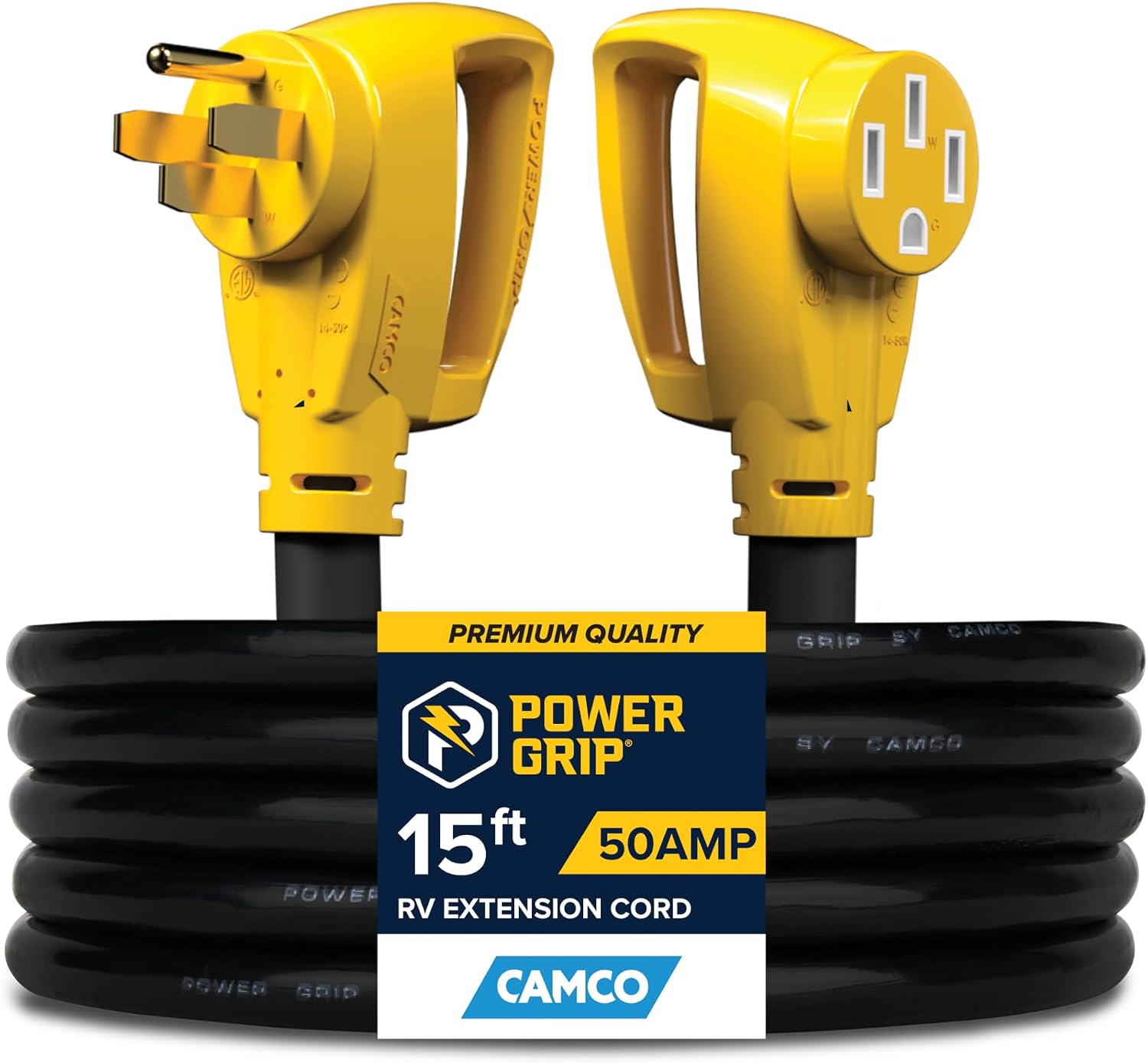 Camco Power Grip 25-Ft 50 Amp RV Extension Cord - NEMA 14-50P Male & FSS2-50R Locking Female Connectors - Rated for 125/250 V/12,500 W - Features Copper 6/3 + 8/1-Gauge Wires for Conductivity (55542)