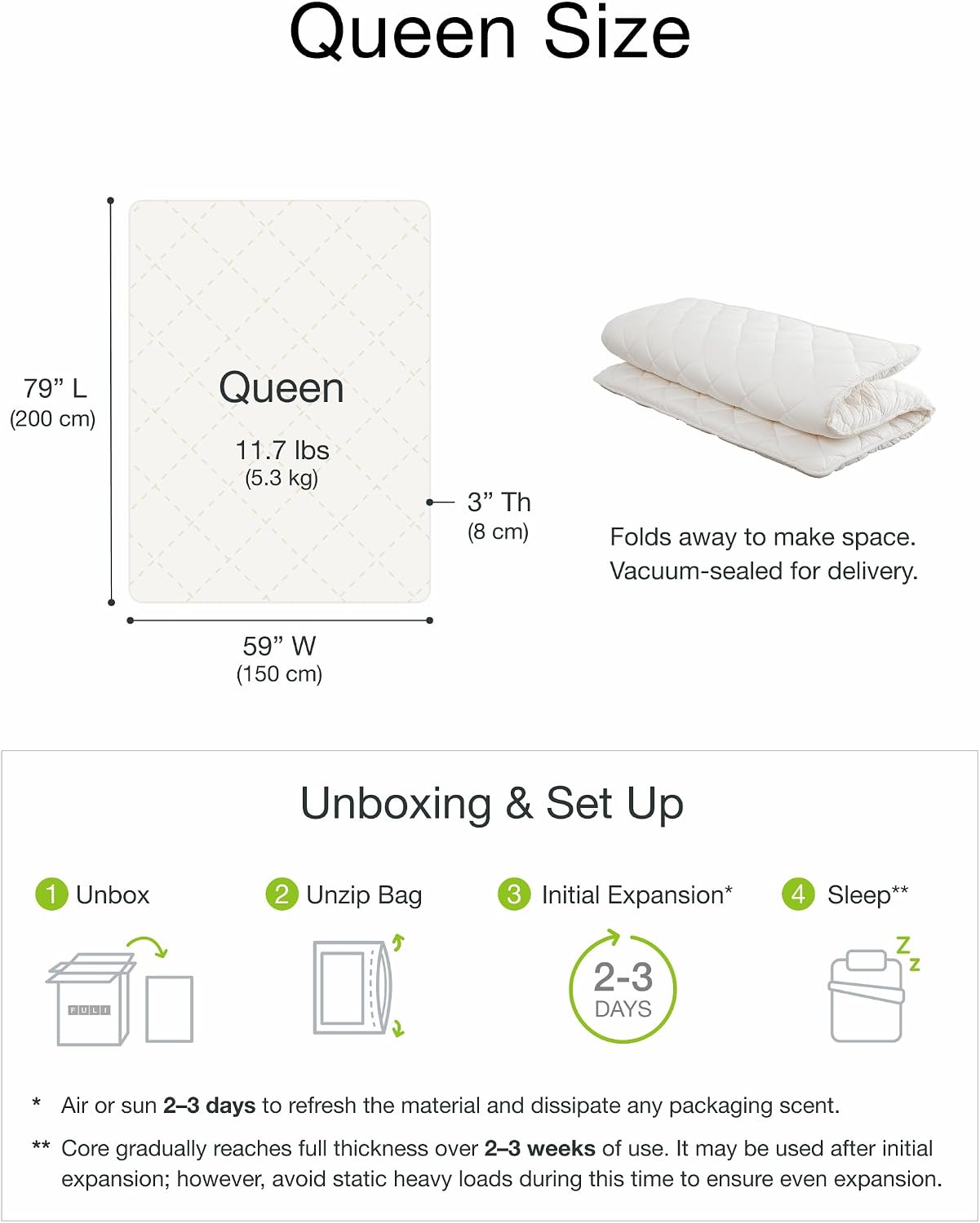 FULI Japanese Futon, Twin XL Size, White - Foldable Shikibuton Floor Bed | Medium Firm Quilted Cotton Sleeping Pad, Portable Roll-Up Japanese Floor Bed for Guests & Small Spaces, 100% cotton surface