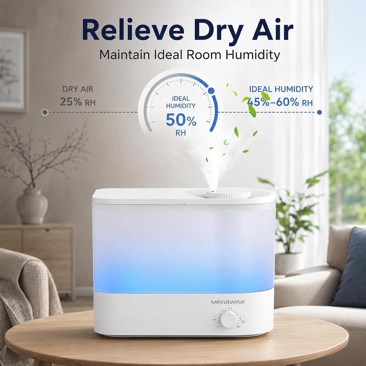 MEGAWISE 1.5L Cool Mist Humidifier for Bedroom, 25dB Quiet