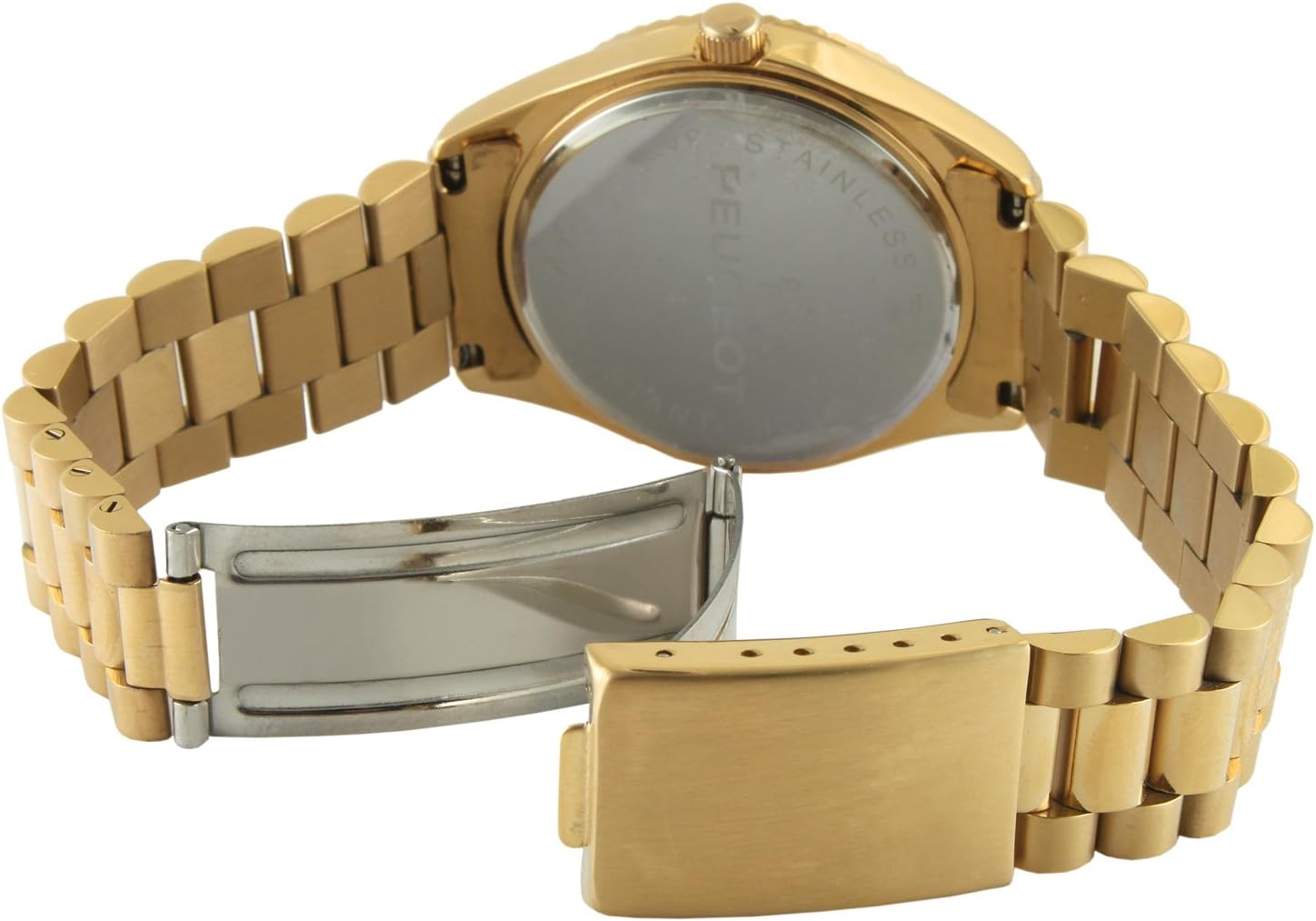 Peugeot Men's Stainless Steel Big Face Luxury Watch with Day Date Windows, Roman Numerals & Coin Edge Fluted Bezel Watch