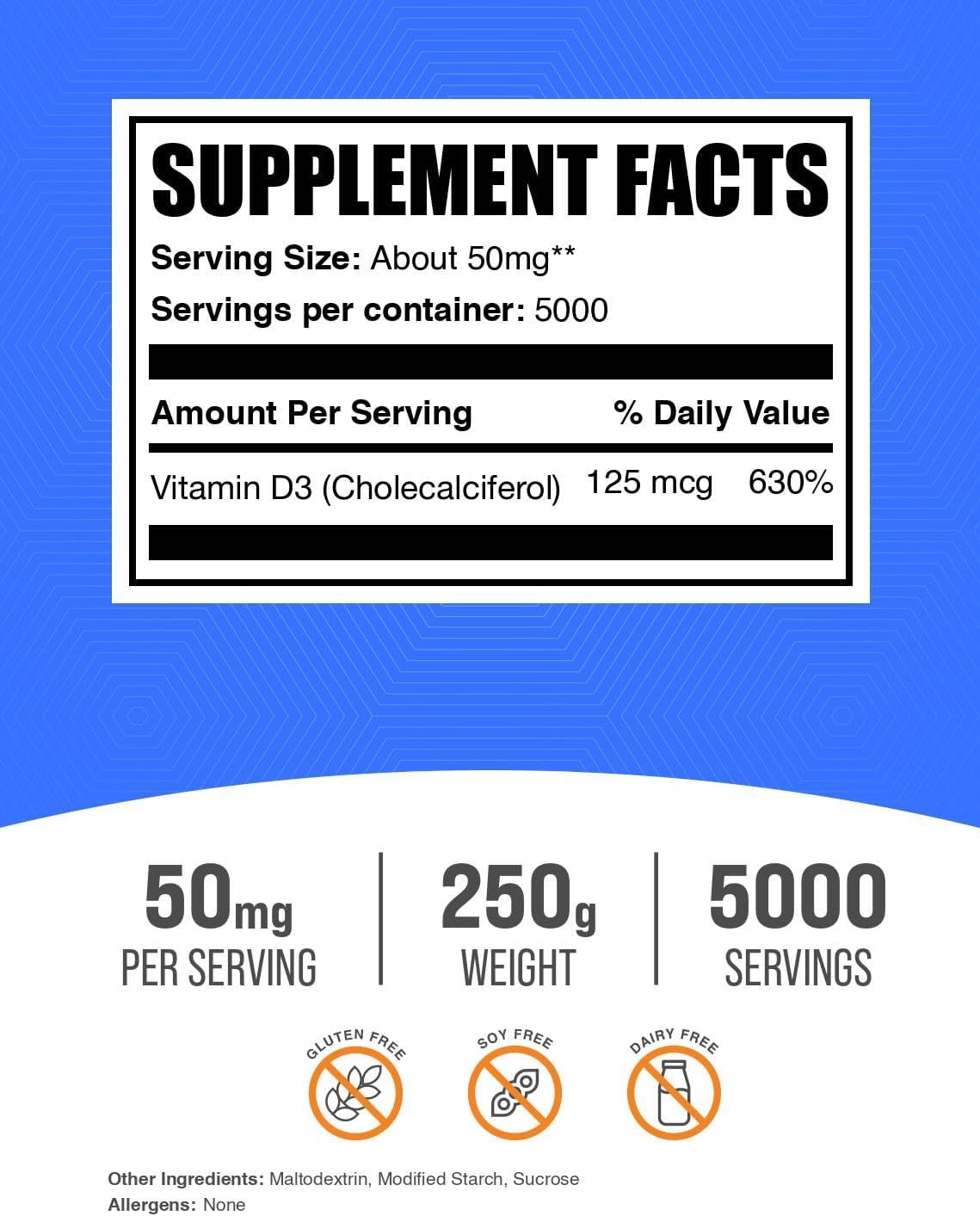 BulkSupplements.com Vitamin D3 Powder - Cholecalciferol, Vitamin D Supplements, 5000 IU - Gluten Free, 50mg (125mcg of Vitamin D3) per Serving, 250g (8.8 oz) (Pack of 1)