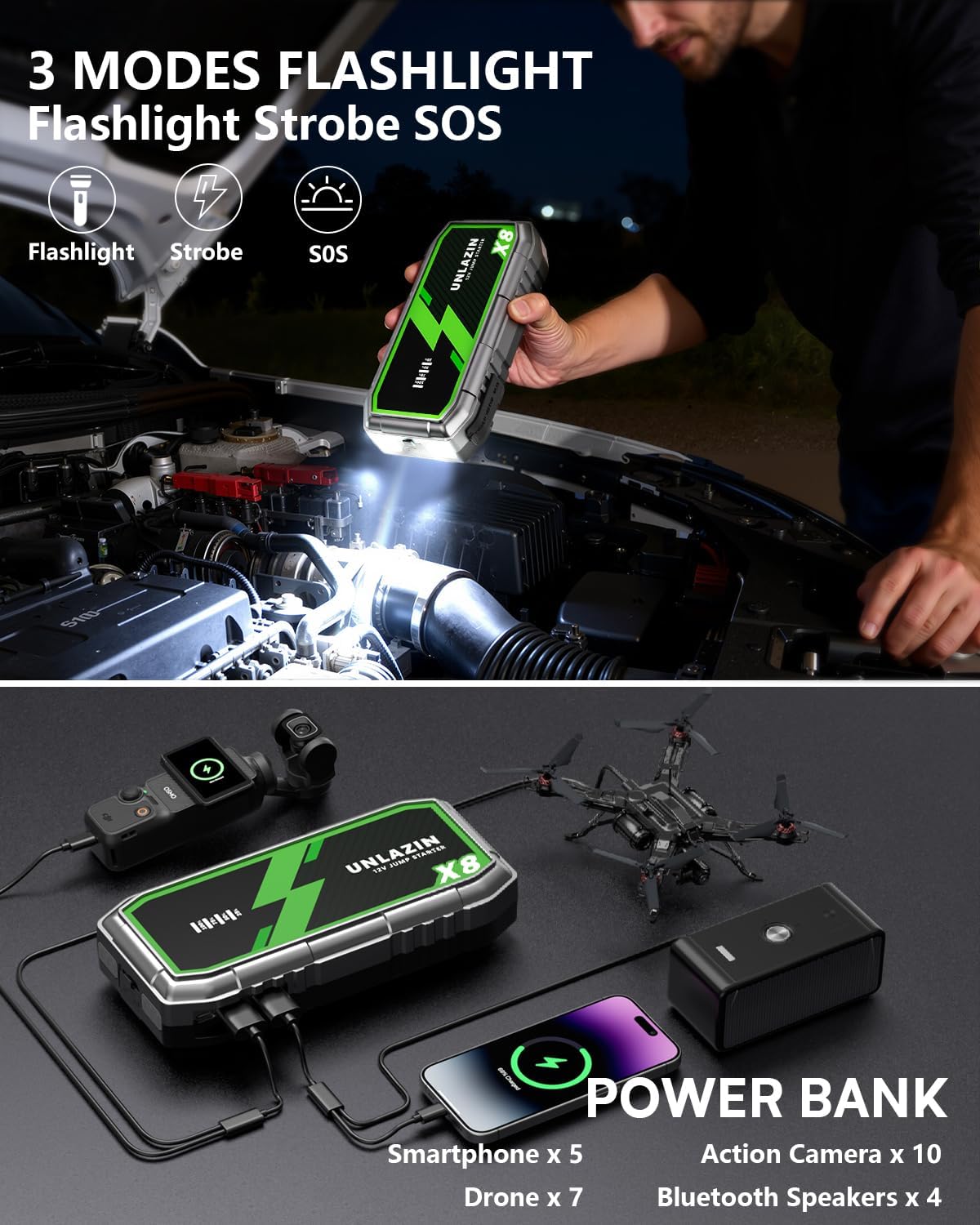 X8 10000A Portable Jump Starter with Force Start, All Gas & Diesel Engines | 12V Car Starter Jump Box & Battery Starter Booster, QC 3.0 Quick Charge