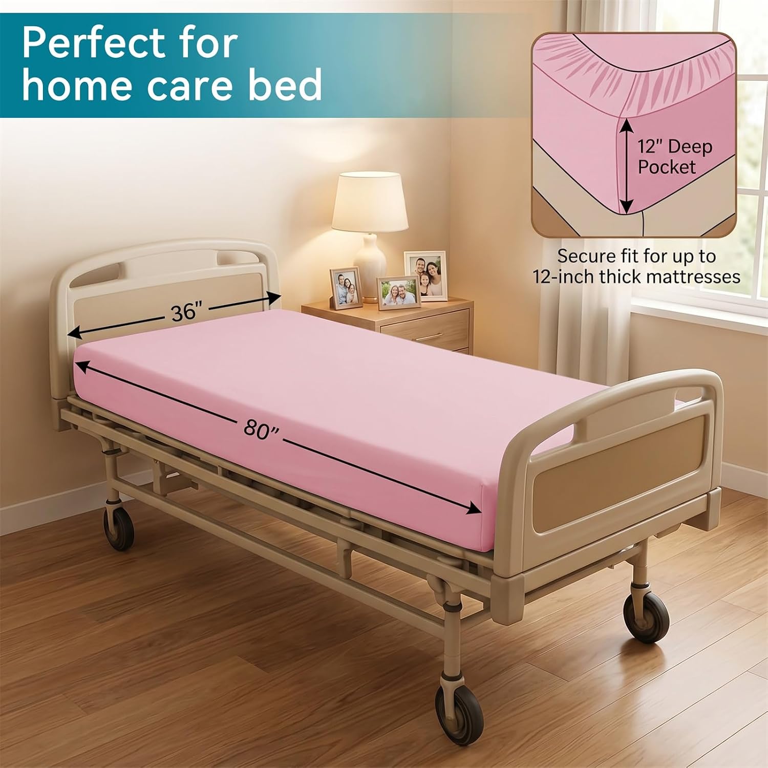 VACVELT 4 Pack Hospital Bed Fitted Sheet, 36x80 12-Inch Pocket, Pink | Premium Microfiber Fabric, 360-Degree Elastic, Skin-Friendly, Wrinkle Resistant, Machine Washable, For Home Hospital Beds