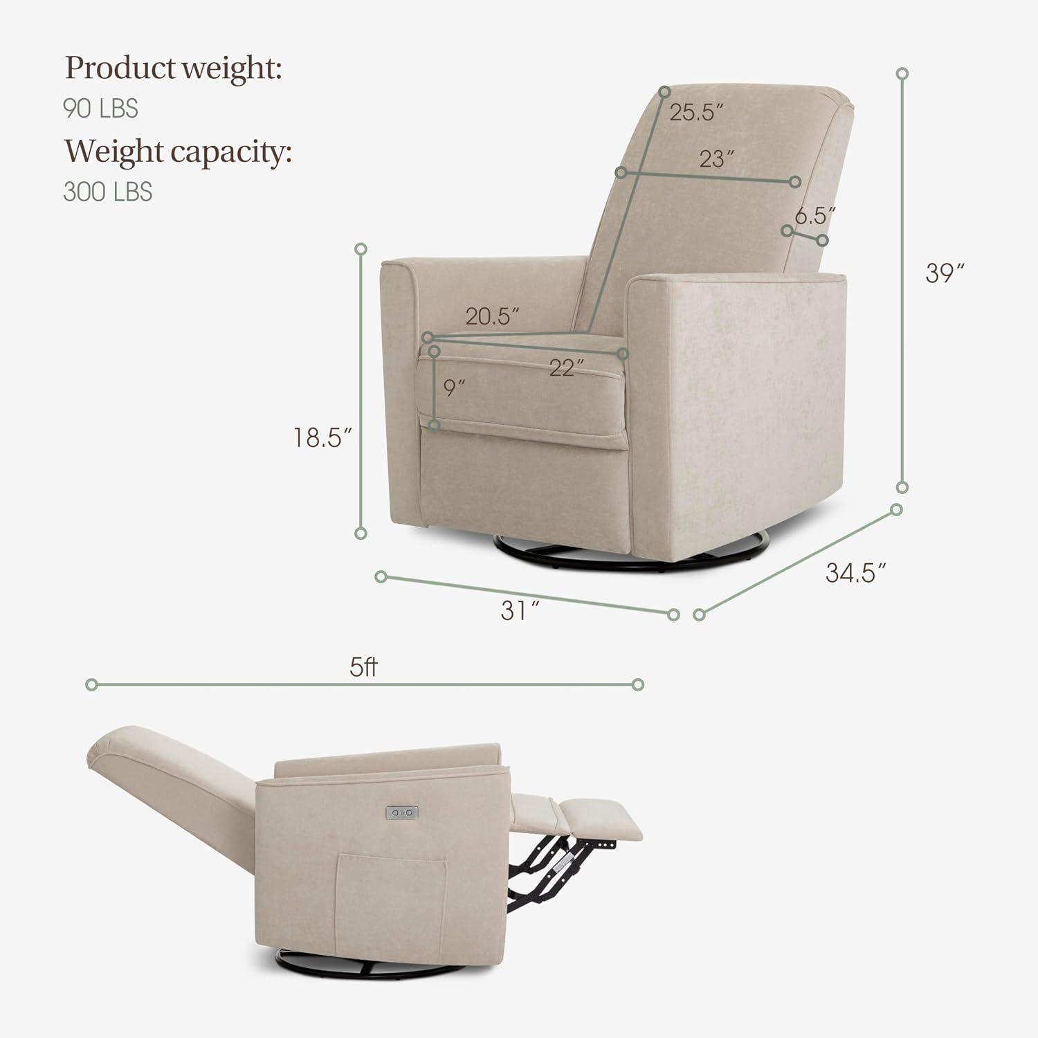 évolur Harlow Upholstered Power Glider Recliner with USB Charging – Rocking & 275° Swivel with Smooth Glide – Greenguard Gold & FSC