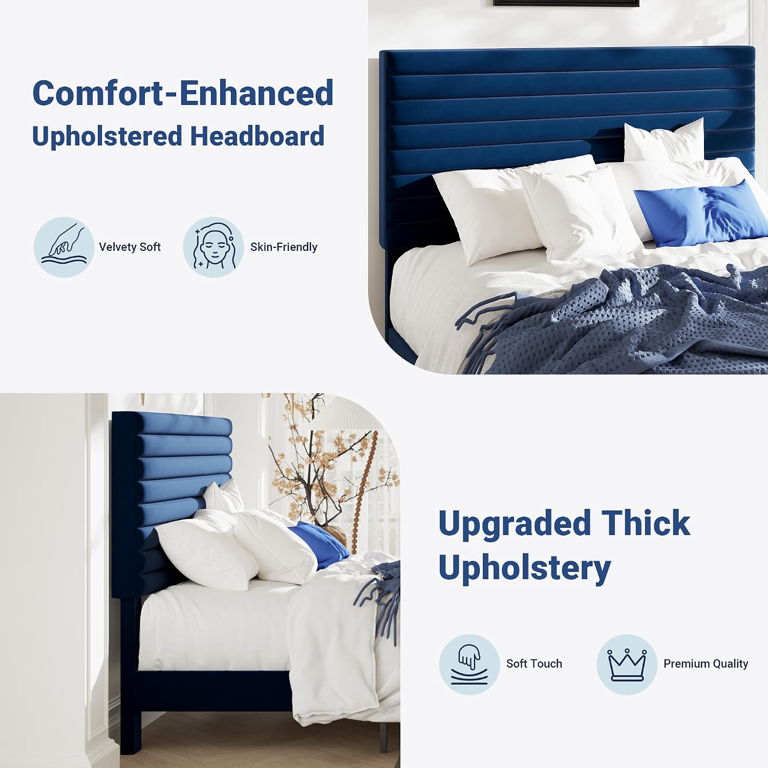 Allewie Queen Bed Frame, Velvet Upholstered Platform Bed with Adjustable Headboard, Horizontal Channel Design, Wood Slat Support, No Box Spring Needed, Noise Free, Easy Assembly, White