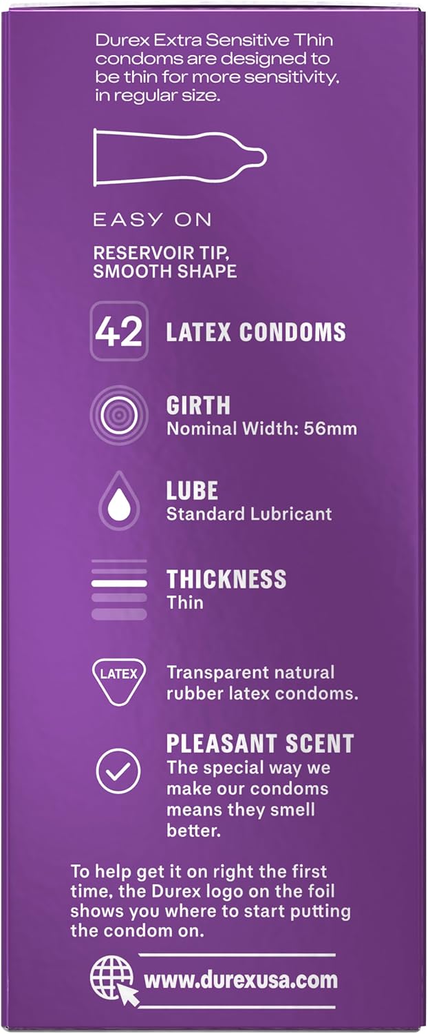 Durex Extra Sensitive Thin Condoms, Lubricated Latex Condoms for Men, 24 Count