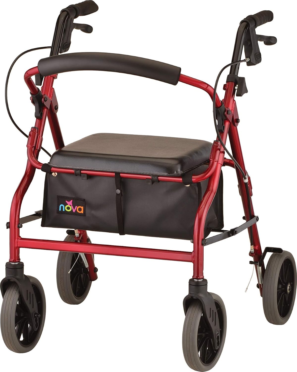 NOVA Zoom 22 Rollator Walker for Seniors, Rolling Walker with Locking Hand Brakes, Padded Seat & 8" Wheels, Lock N Load for Easy Transport & Storage, Adjustable Height 5'5"–6'1", Red