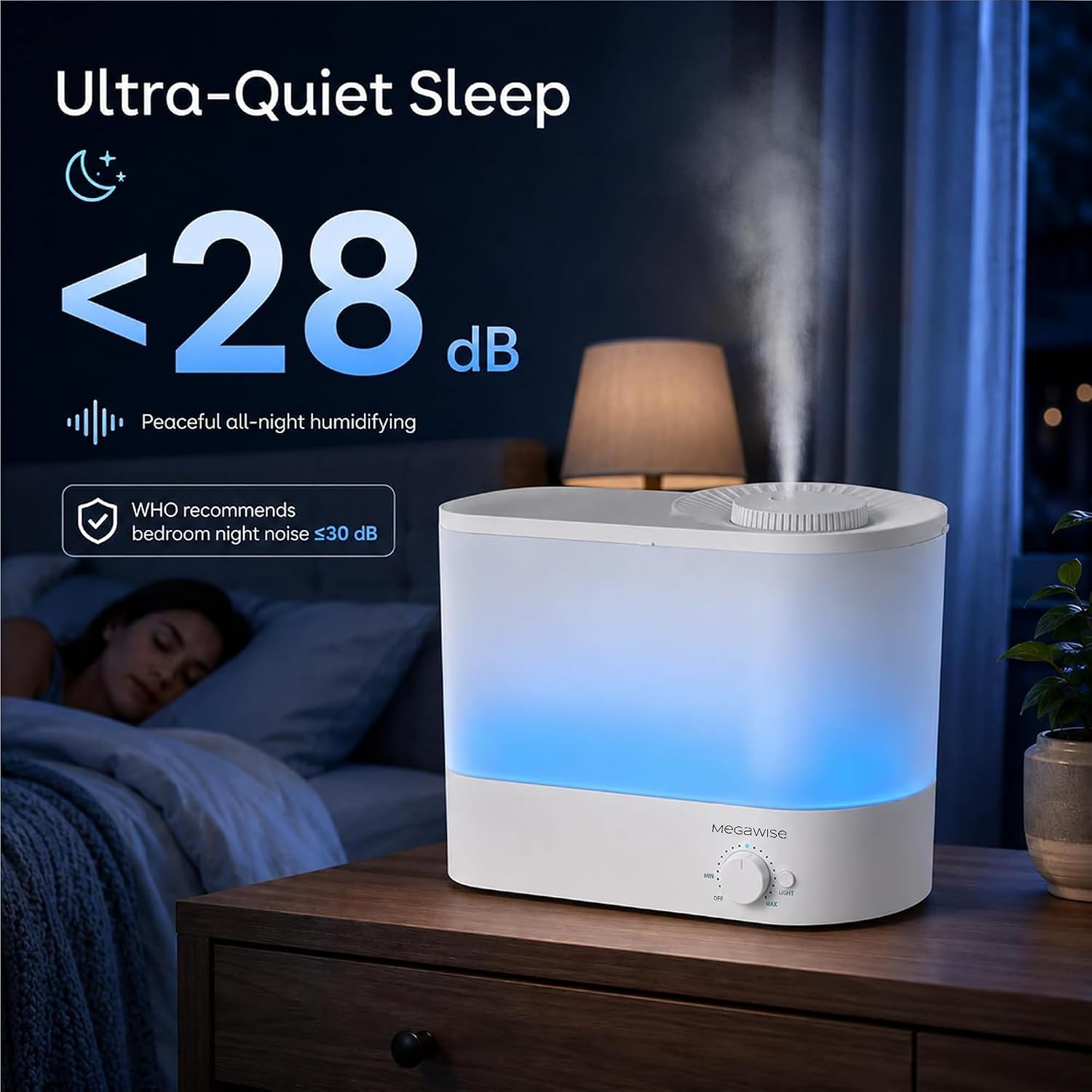 MEGAWISE 1.5L Cool Mist Humidifier for Bedroom, 25dB Quiet
