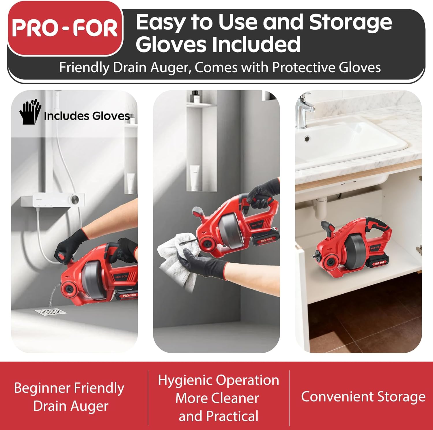 20V Cordless Electric Drain Auger, 25Ft Auto-Feed Drain Snake, Replaceable Cable, 2.0Ah Battery & Charger, LED Light, Clog Remover for Sink, Shower