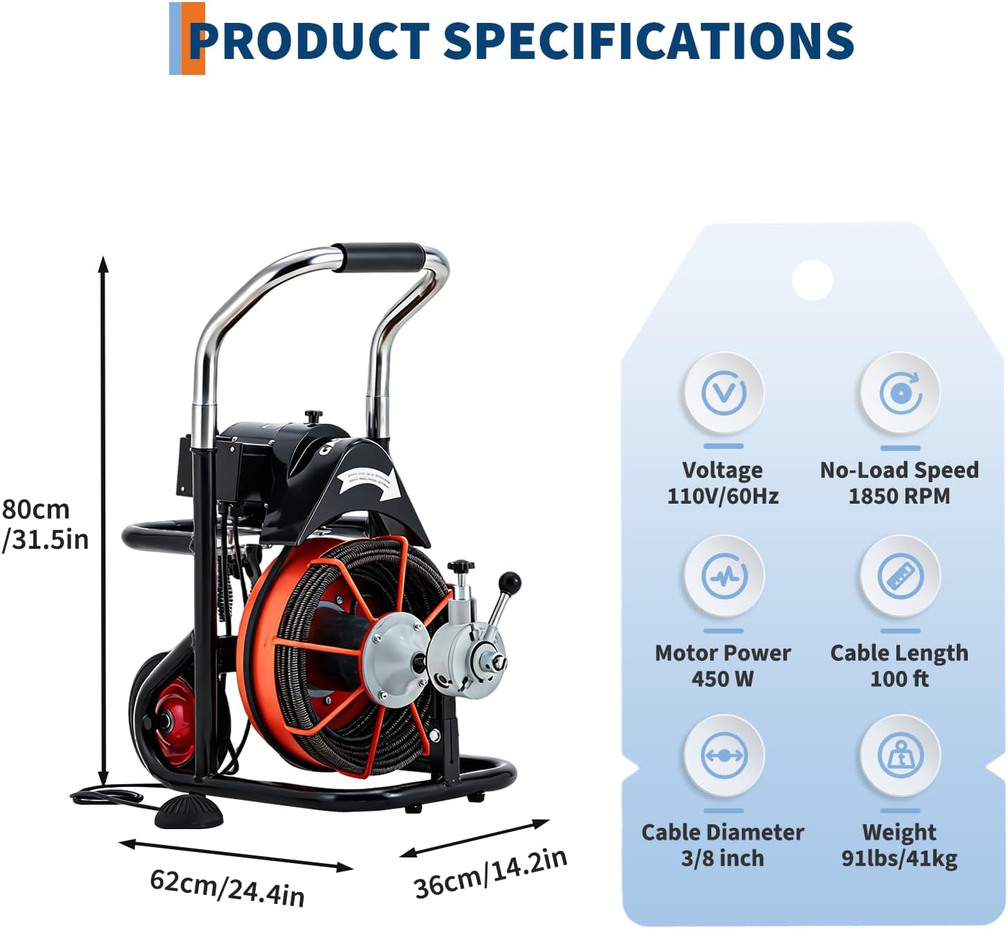 100FT x 3/8 Inch Drain Cleaning Machine with 10 Cutters & Air-Activated Foot Switch, Auto Feed Drain Snake Auger on Wheels