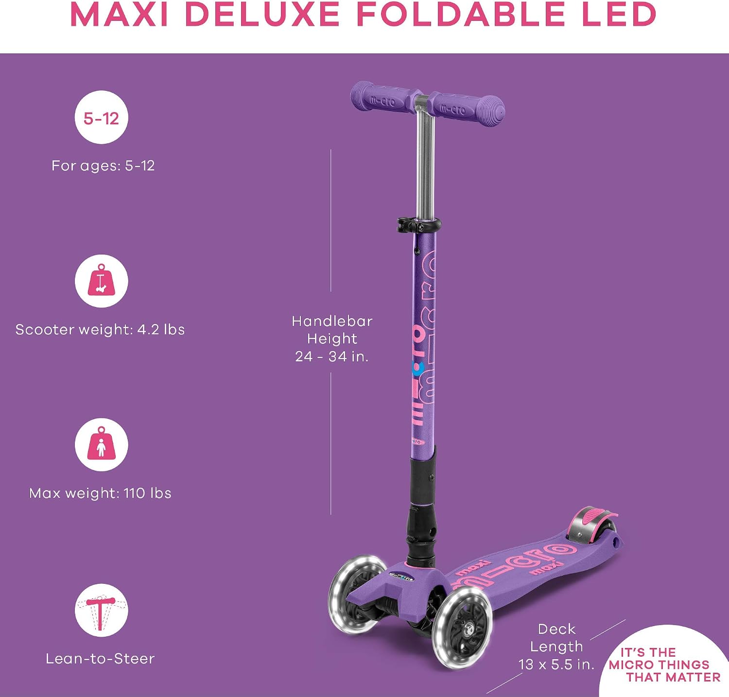 Micro Kickboard | Maxi Foldable LED Kids Scooter for Ages 5-12 | Children