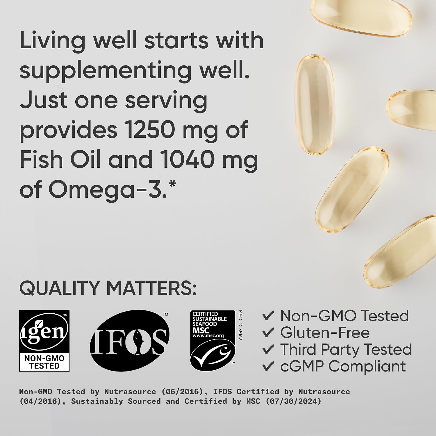 Sports Research® Omega-3 Fish Oil 1250mg from Wild Alaska Pollock,180 Count | Always Fresh Never Fishy | 690mg EPA 260mg DHA per Softgel · Heart & Brain Health* · MSC Certified Sustainable - 180 Servings
