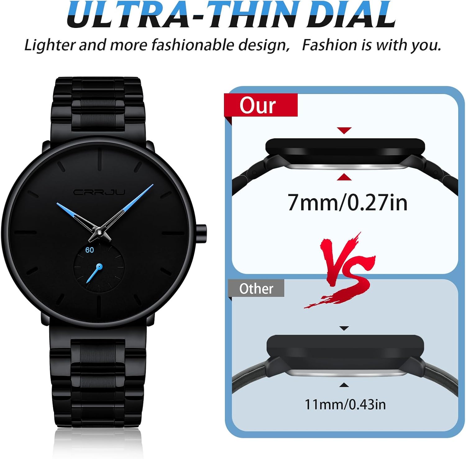 Mens Watches Ultra-Thin Minimalist Waterproof-Fashion Wrist Watch for Men Unisex Dress with Stainless Steel Band-Black Hands