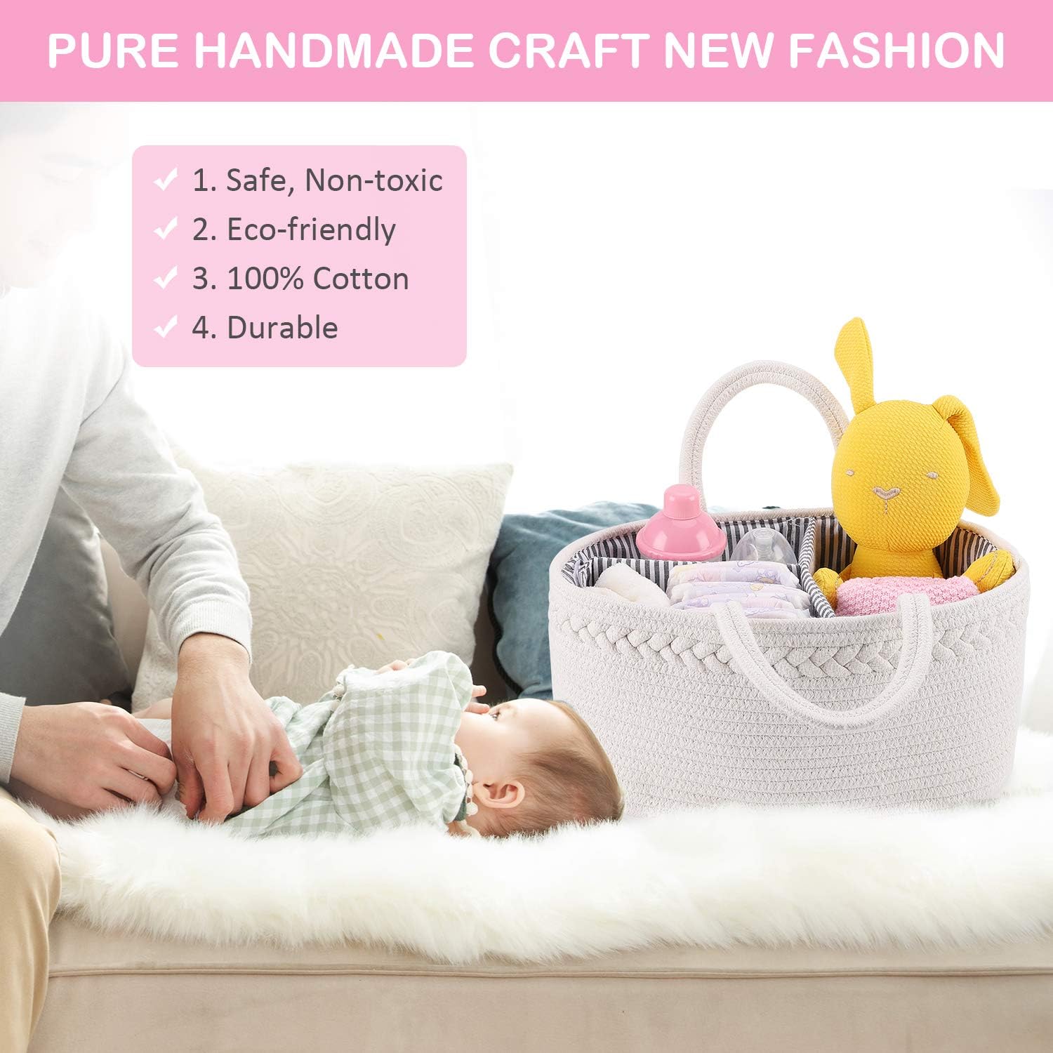 ABenkle Baby Diaper Caddy, Nursery Storage Bin and Car Organizer for Diapers and Baby Wipes, Cotton Rope Diaper Basket Caddy