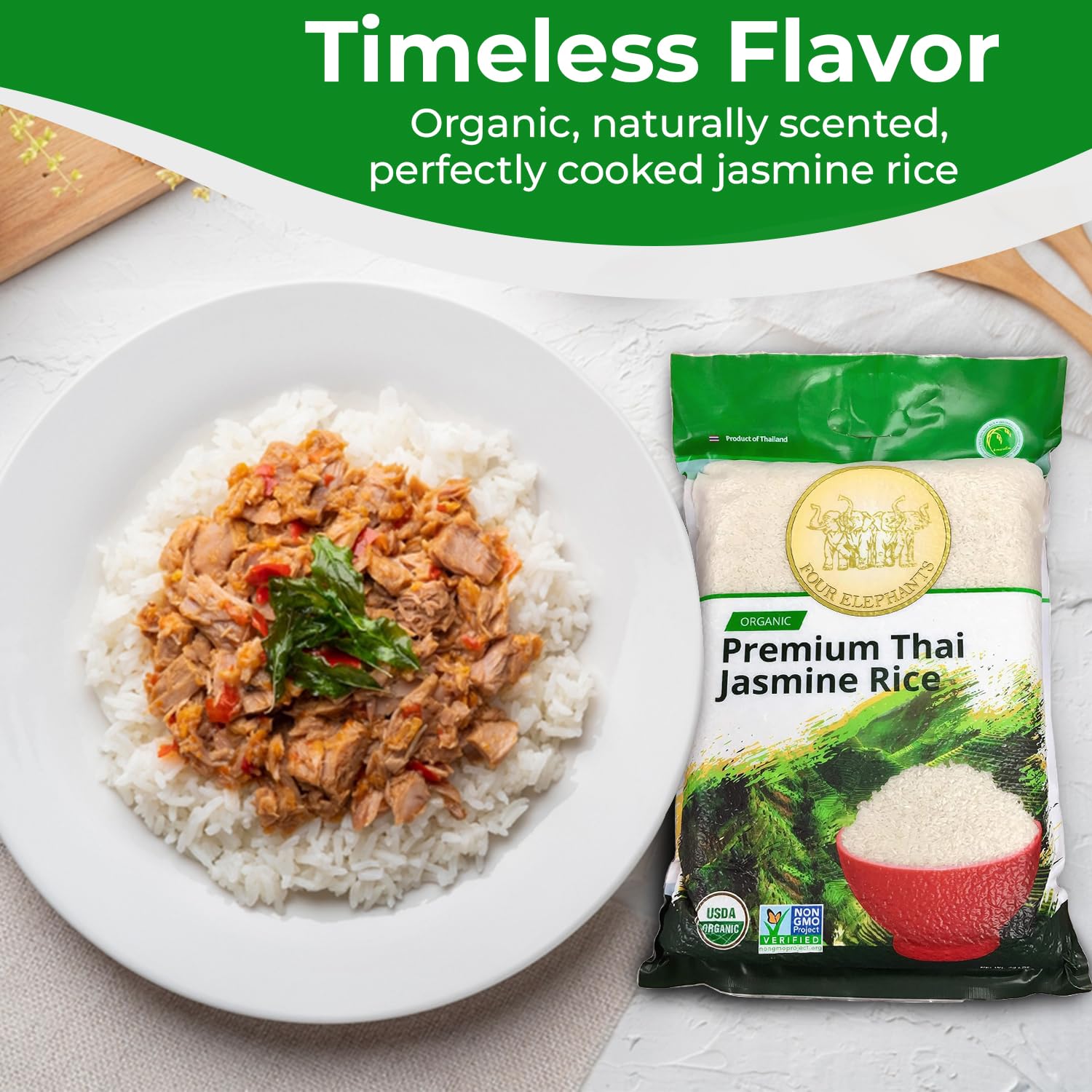 20 Pounds (LBS) Organic Premium Thai Hom Mali Jasmine Rice | Endorsed By Pro Chefs | Four Elephants Brand | Cooking Instructions Packaging