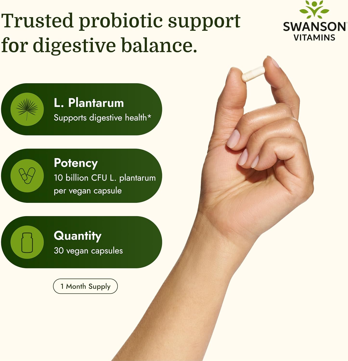 Swanson L. Plantarum - 10 Billion CFUs - Probiotic Supplement for Occasional Gas & Bloating - Supports Lower GI Tract Health* - No Refrigeration Needed - Non-GMO - 30 Vegan Capsules