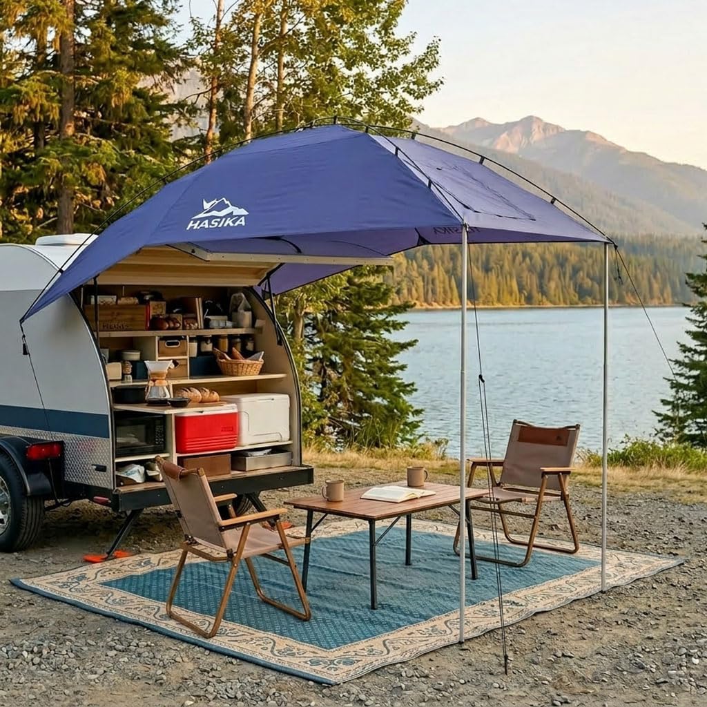 Hasika Waterproof SUV Tailgate Tent and Car Awning | Universal fit for SUVs Vans RV Trailer. Features heavy-duty suction cups, adjustable poles