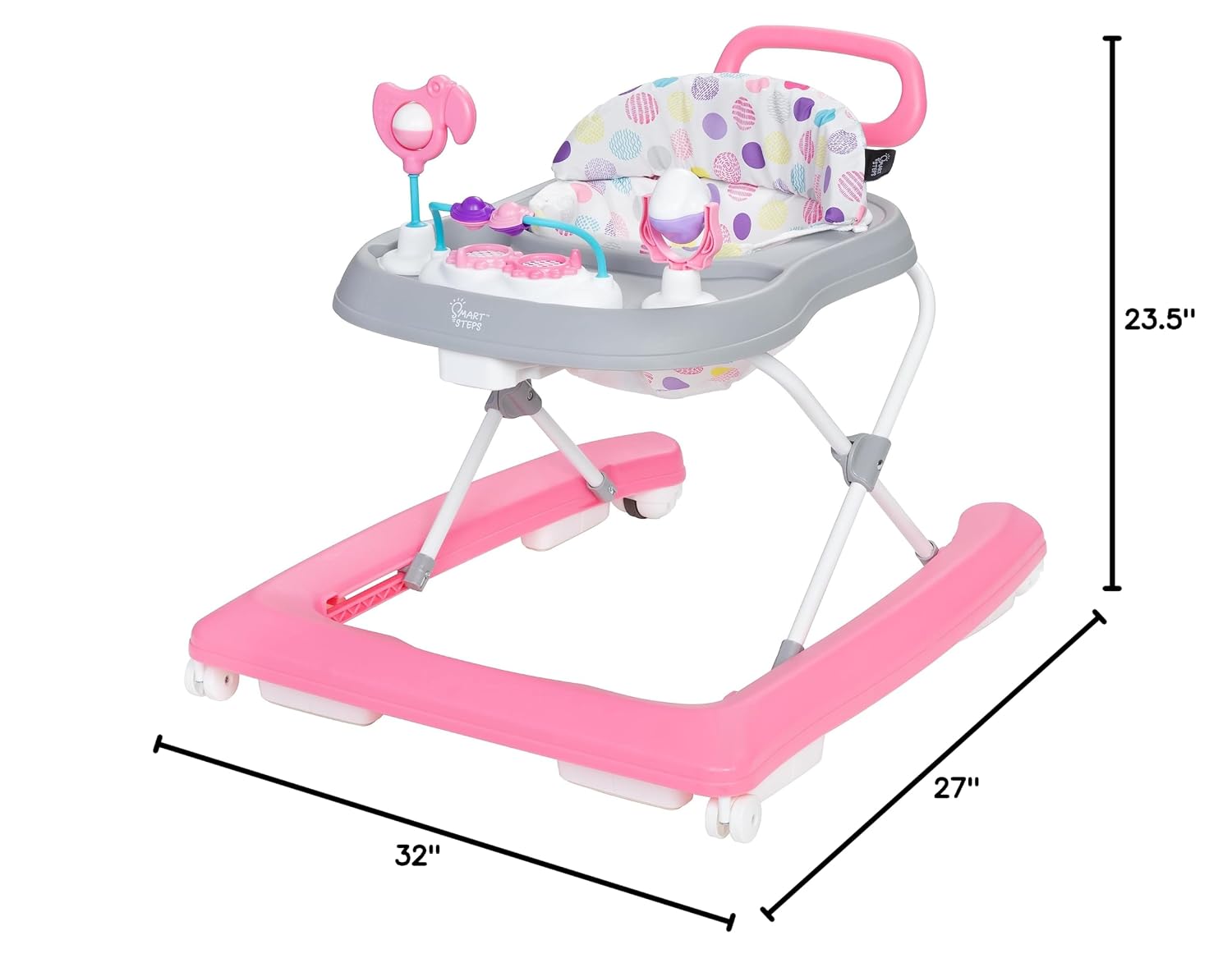 Smart Steps Trend Activity Walker with Removeable Toy Bar, Multi-Directional Front Wheels, Tray, Adjustable Height and Flat Fold Frame for Storage, Ages 6 Months +, Emily Pink