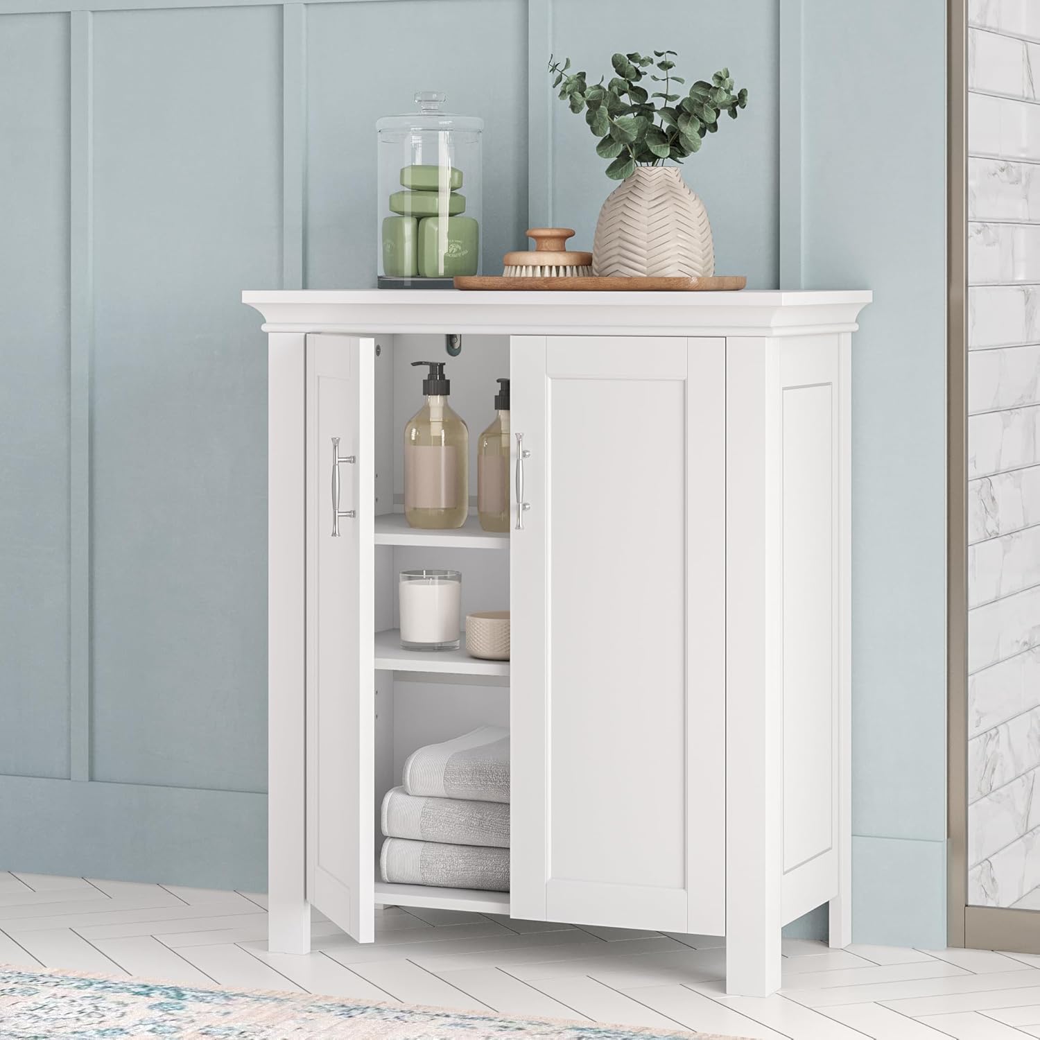 RiverRidge Somerset 2-Door Bathroom Storage Cabinet, White | Laundry Room Linen Cabinet, Bath Medicine Floor Cabinet, Adjustable Interior Shelf