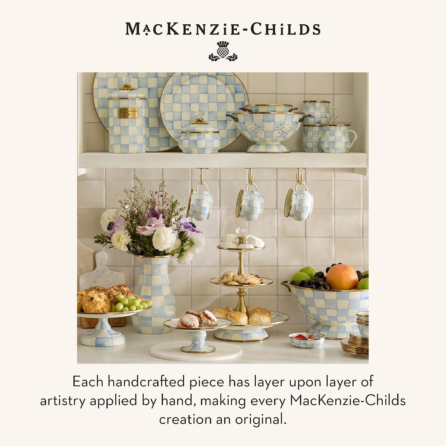MACKENZIE-CHILDS Pedestal Platter, Mini, Black-and-White Courtly Check | Hand-painted design, made from enameled steel, stackable round cake stand for serving desserts, 8" dia. x 3" H