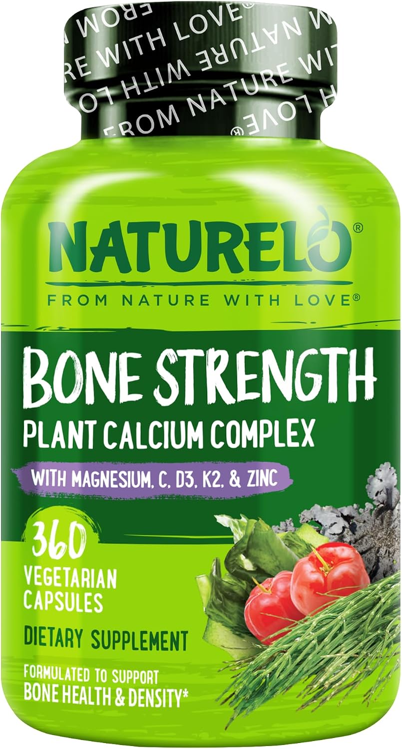 NATURELO Calcium Supplement with Vitamin C, D3, K2, 120 Vegetarian Capsules | Magnesium & Zinc for Bone Strength,Plant-Based Calcium 600mg , Non-GMO, Soy & Gluten-Free