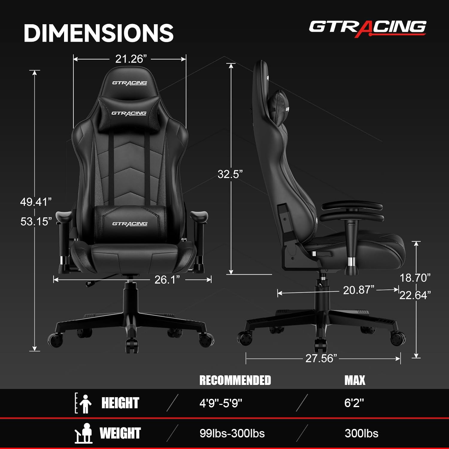 GTRACING Gaming Chair Racing Office Computer Ergonomic Video Game Chair Backrest and Seat Height Adjustable Swivel Recliner with Headrest and Lumbar
